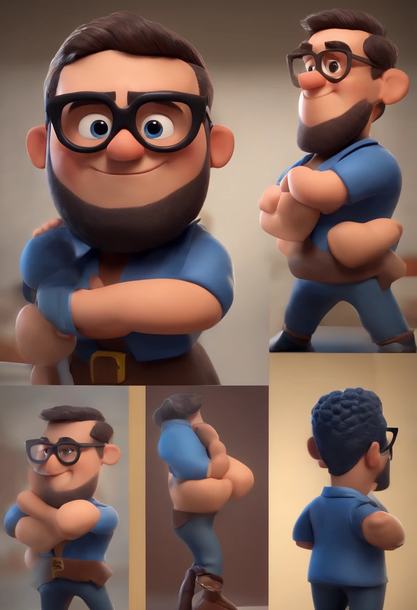 Cartoon character of a man wearing black glasses and a blue shirt, um personagem animado, Caractere estilizado, animation style rendering, 3D estilizado, Arnold Maya render, 3 d render stylized, toon render keyshot, Personagem 3D, Personagem 3D, 3d rendering stylized, 3 d character render, personagem de desenho animado, Personagem de close up, Pose de personagem, (Estilo Pixar) (master part:1.2) (Bokeh) (best quality) (pele detalhada) (textura detalhada) (8k) (argila) (Cinematic lighting) (foco nítido,Senta e vaza a parte superior do corpo