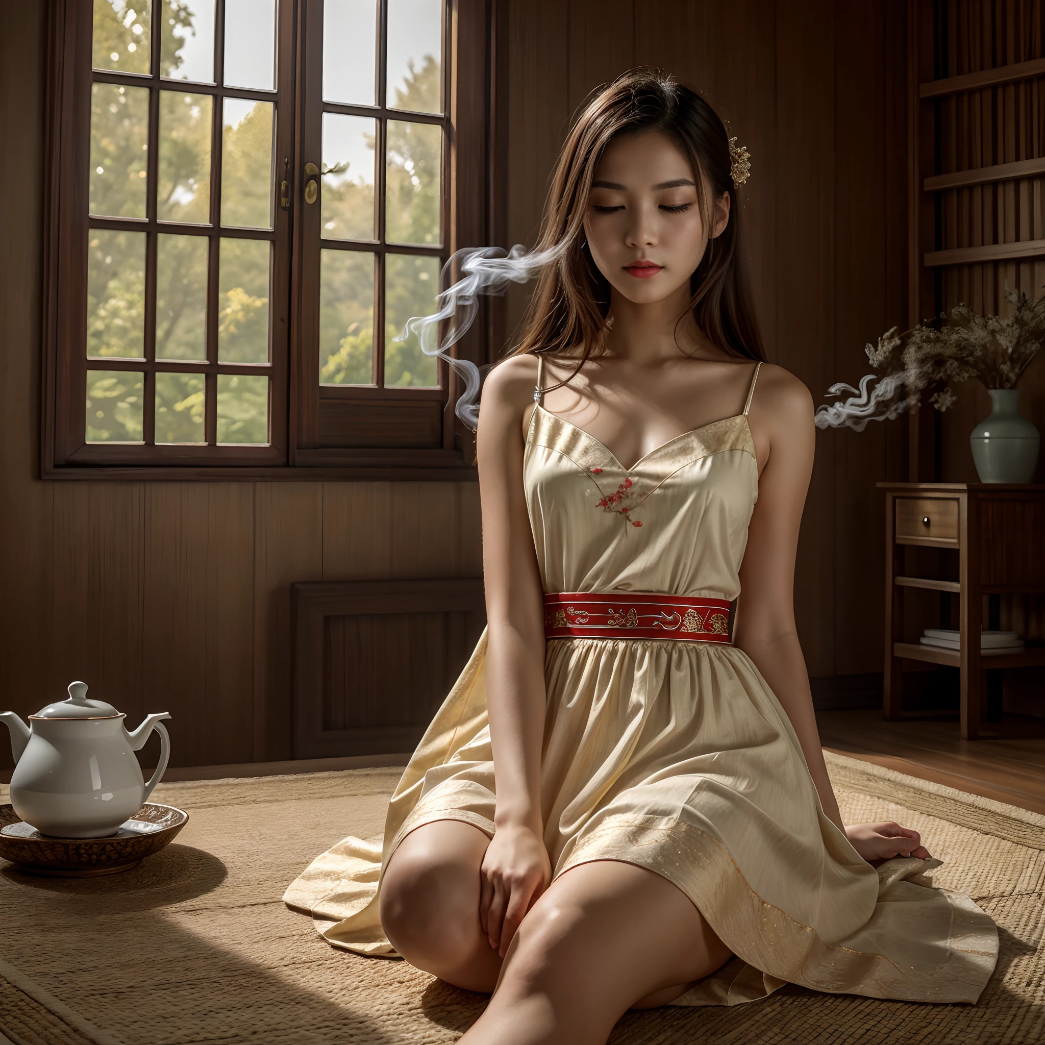 (masterpiece, best quality), 1girl, full body, face, feet, documentary photo of Chinese girl wears typical traditional Chinese dress is intent on the tea ritual. Typical old Chinese room, smoke in the air, very diffuse light, sensual movements, green_eyes, red lips, slightly open mouth, closed eyes, soft light, high res photo, high detailed, (highly detailed skin:1.2), 16k, High details. ultra high res.photorealistic:1.4, UHD, DSLR, soft lighting, high quality, grain color film, FujifilmXT3, low angle point of view