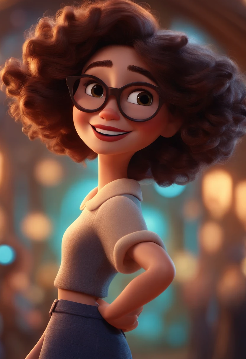 Pixar style image with 3D character white glasses brunette woman short curly hair dancing, Maquiagem Disney,Pescador, bonitinho, sorridente ,Close-up, Pixar, Disney, Cinema lighting,