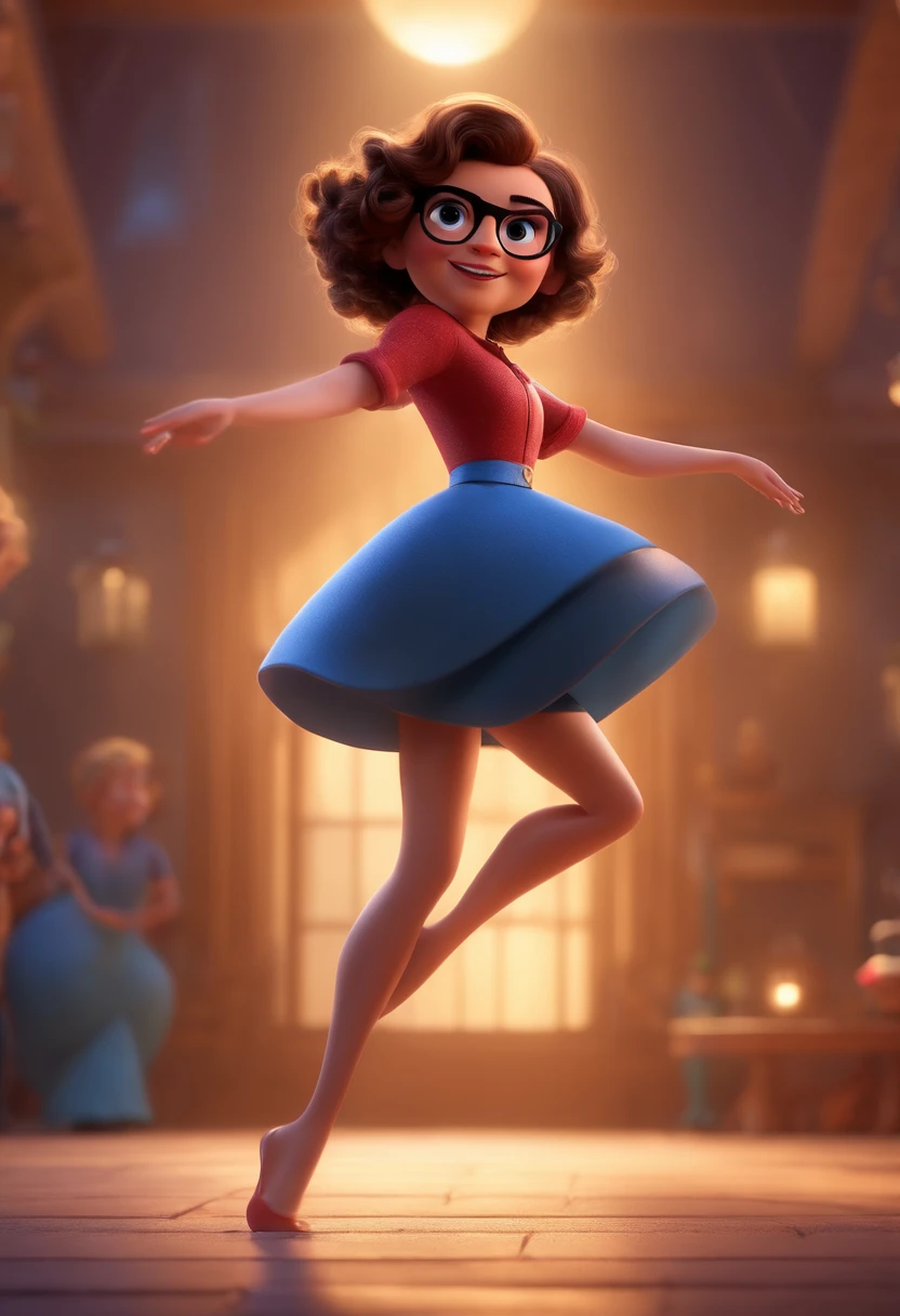 Pixar style image with 3D character white glasses brunette woman short curly hair dancing, Maquiagem Disney,Pescador, bonitinho, sorridente ,Close-up, Pixar, Disney, Cinema lighting,