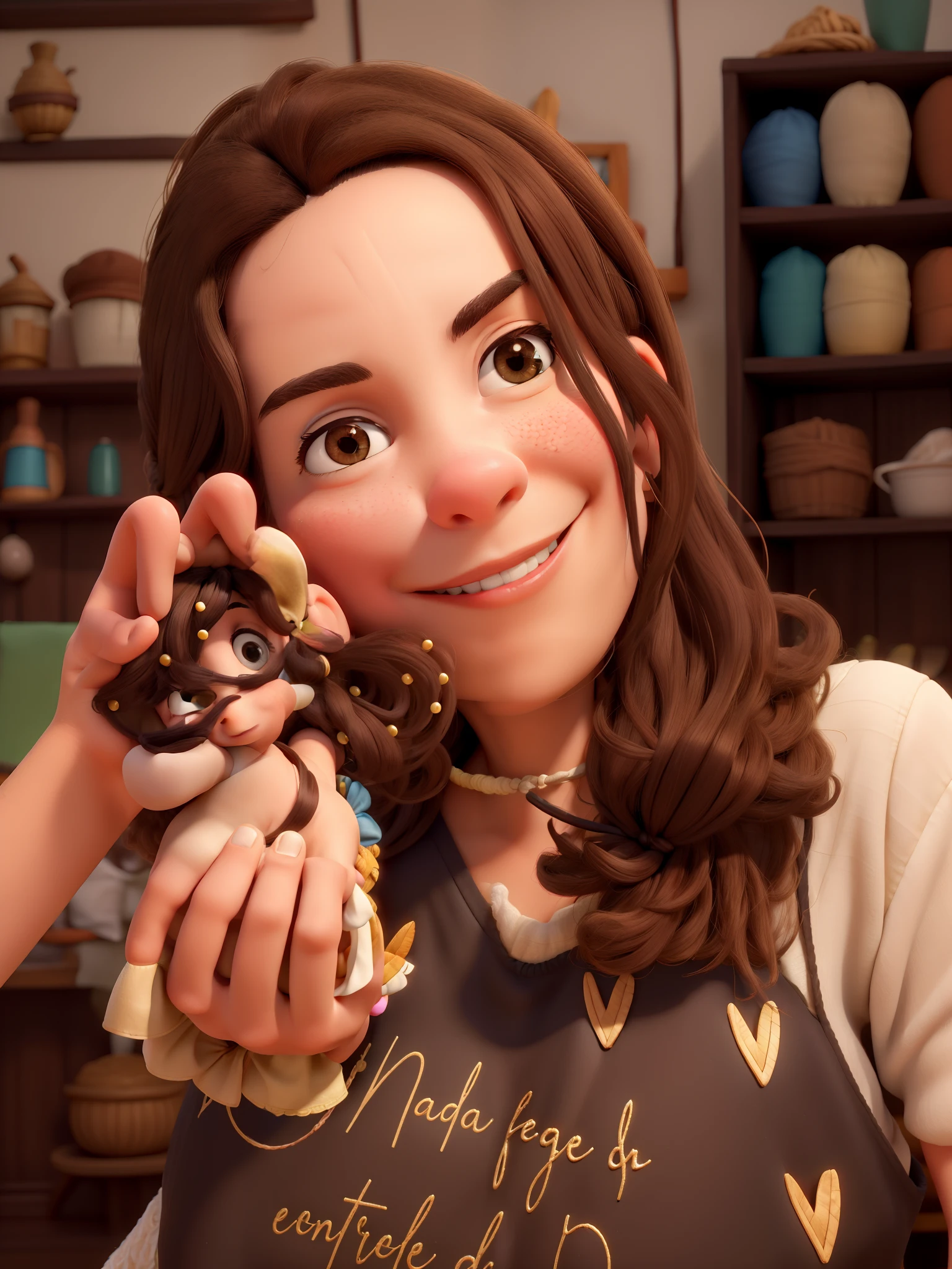 Obra-prima, de melhor qualidade, uma mulher de 30 anos linda, Light brunette with medium dark hair, Wonderful Craftswoman of Beautiful Bows for Girls, in her lacing studio and next to her two children, aged 18 months and 4 years,.
