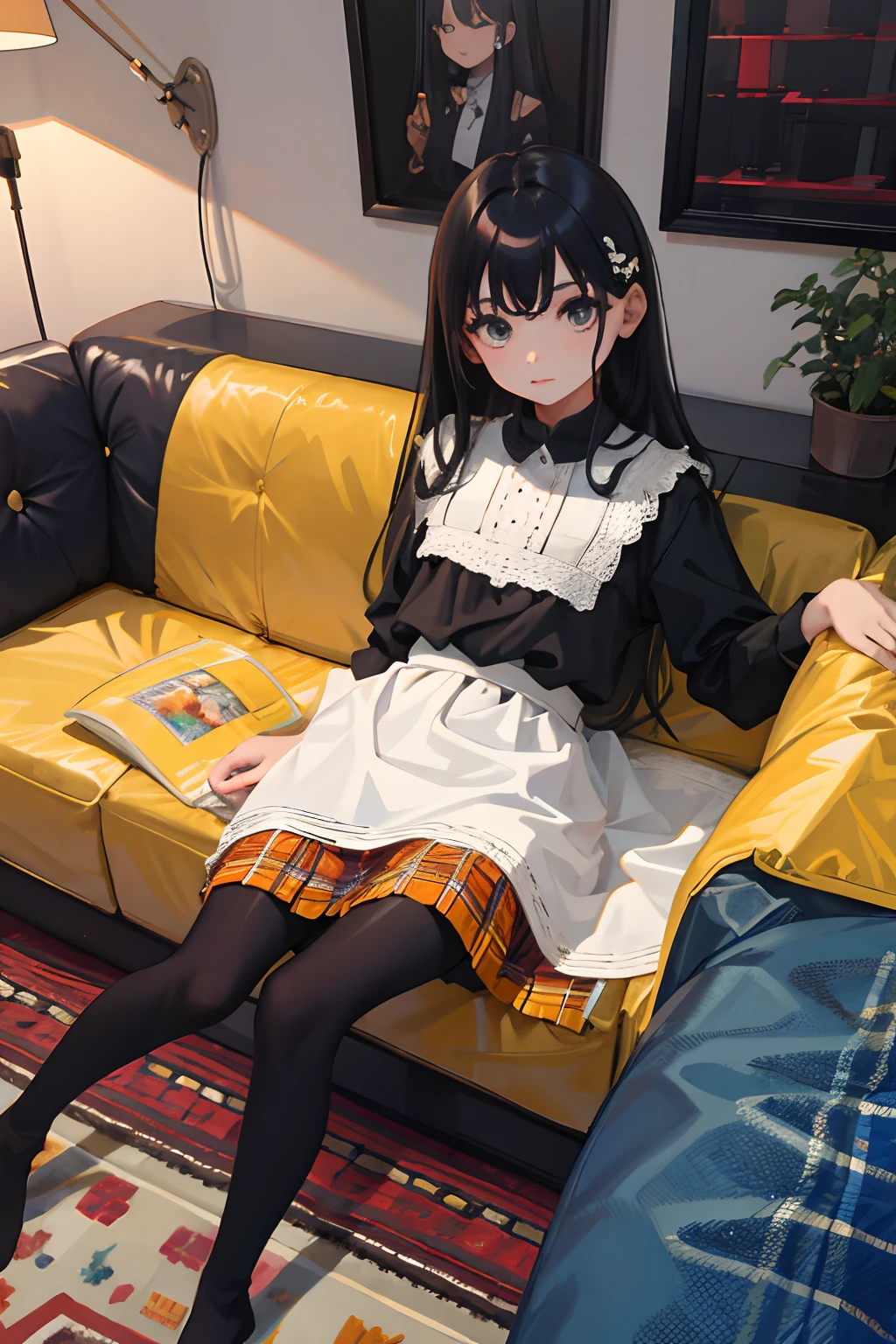 (child),(masterpiece,Highest Quality),wariza,Black blouse,plaid skirts,sofas,rug