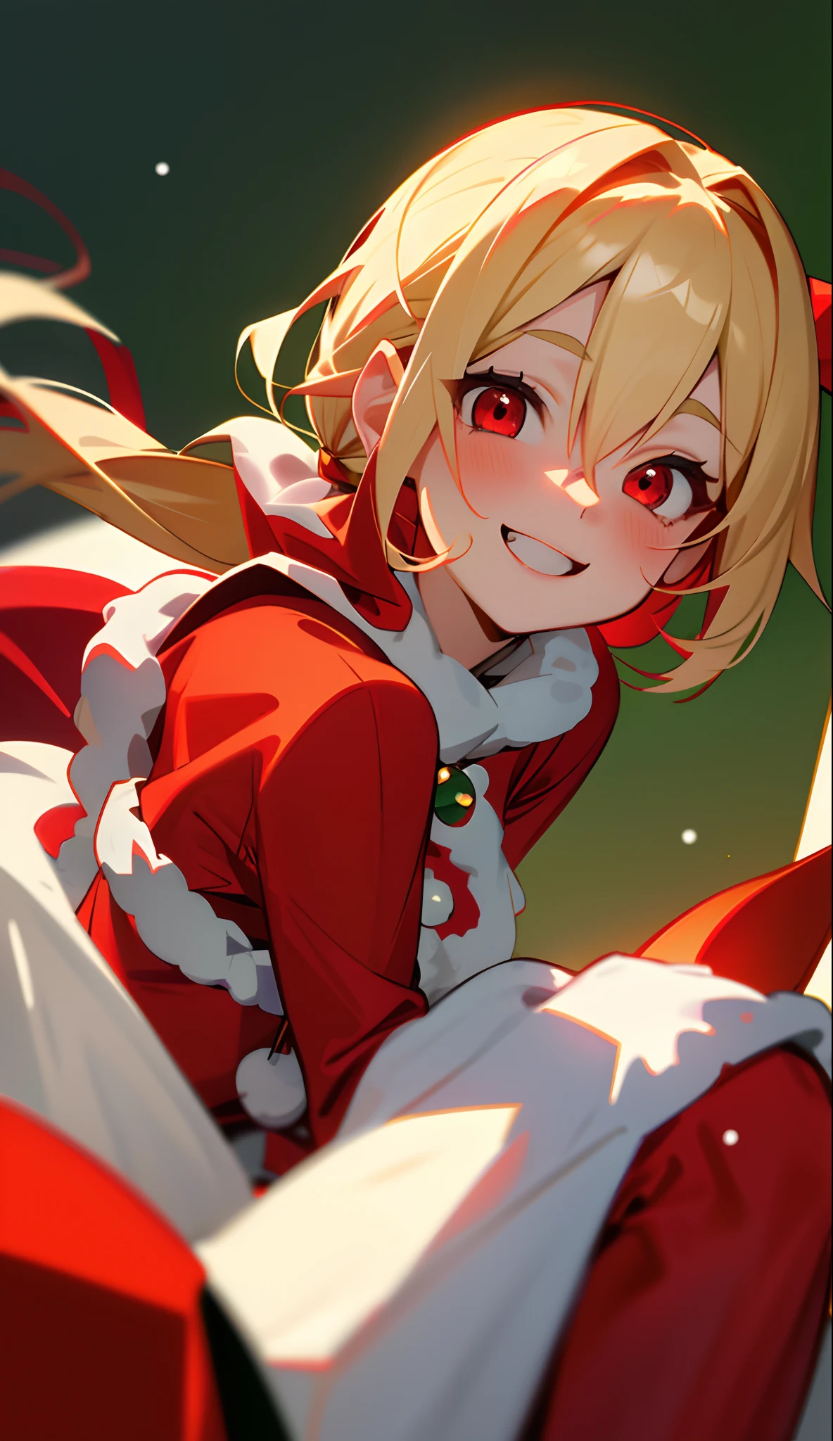 1girl in、a blond、Pony tail、Red Eyes、a smile、Laugh、Christmas、Dressed in Santa Claus costume、Colors based on red and green