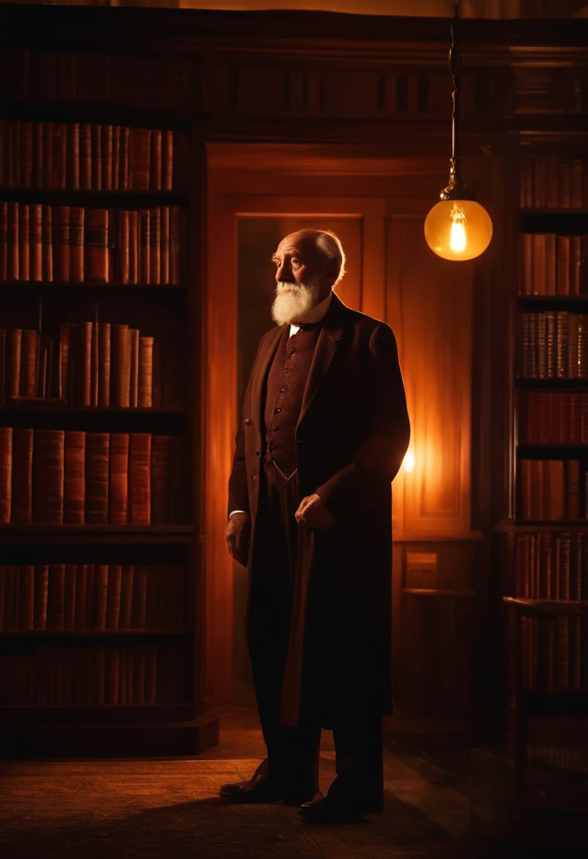 A wise old man standing in front, illuminated by the light of a lamp, against the backdrop of a library