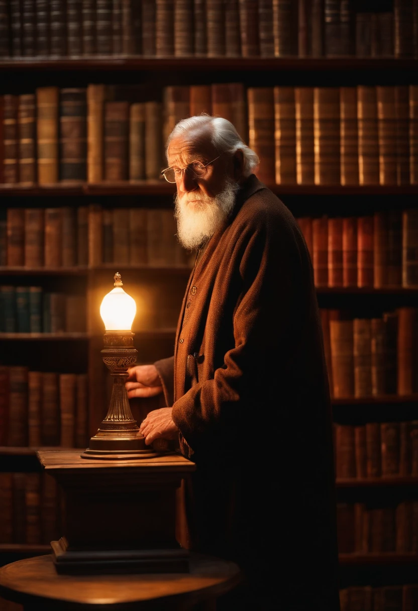 A wise old man standing in front, illuminated by the light of a lamp, against the backdrop of a library