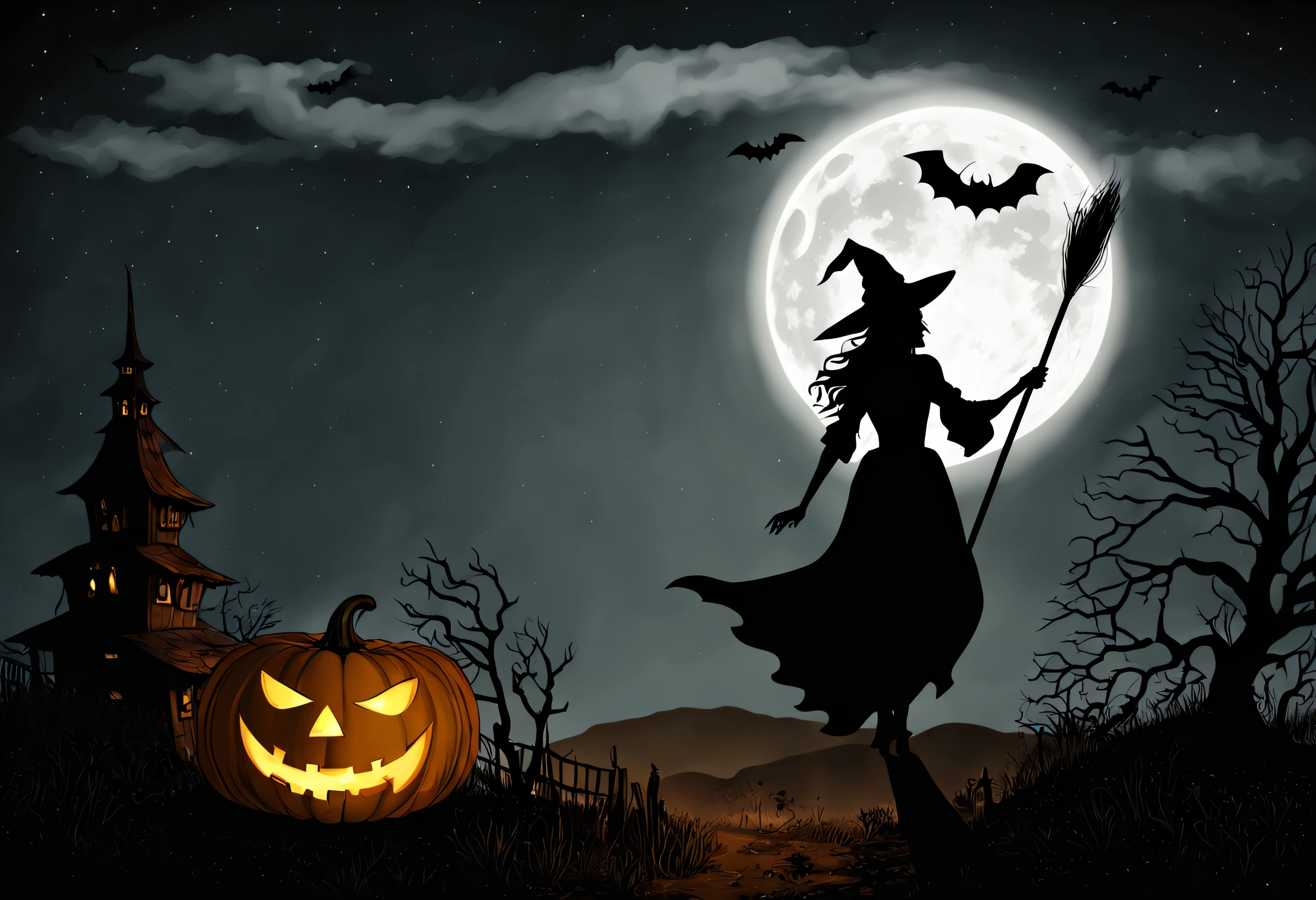 (best quality,4k,8k,highres,masterpiece:1.2),ultra-detailed,(realistic,photorealistic,photo-realistic:1.37),(Halloween illustration:1.2)silhouette of a witch,big moon behind,dark,spooky atmosphere,wispy clouds,gnarled tree branches,shadows and highlights,haunting glow,full moon,night scene,captivating, ethereal, magical,haunted,wrought-iron fence,flying broomstick,mysterious,witch hat,ominous,witchcraft,moody lighting,majestic,enchanted,cast a spell,enchanted forest,moonlit sky,sorceress,witch’s brew,crystal ball,starlit night,spellbinding,moonlight shadows,mystical,thick mist,moonbeams,ghostly apparitions,enigmatic,night creatures,candlelight,witching hour,occult symbols,unseen forces,gothic,enchanted moon,moonlit silhouette