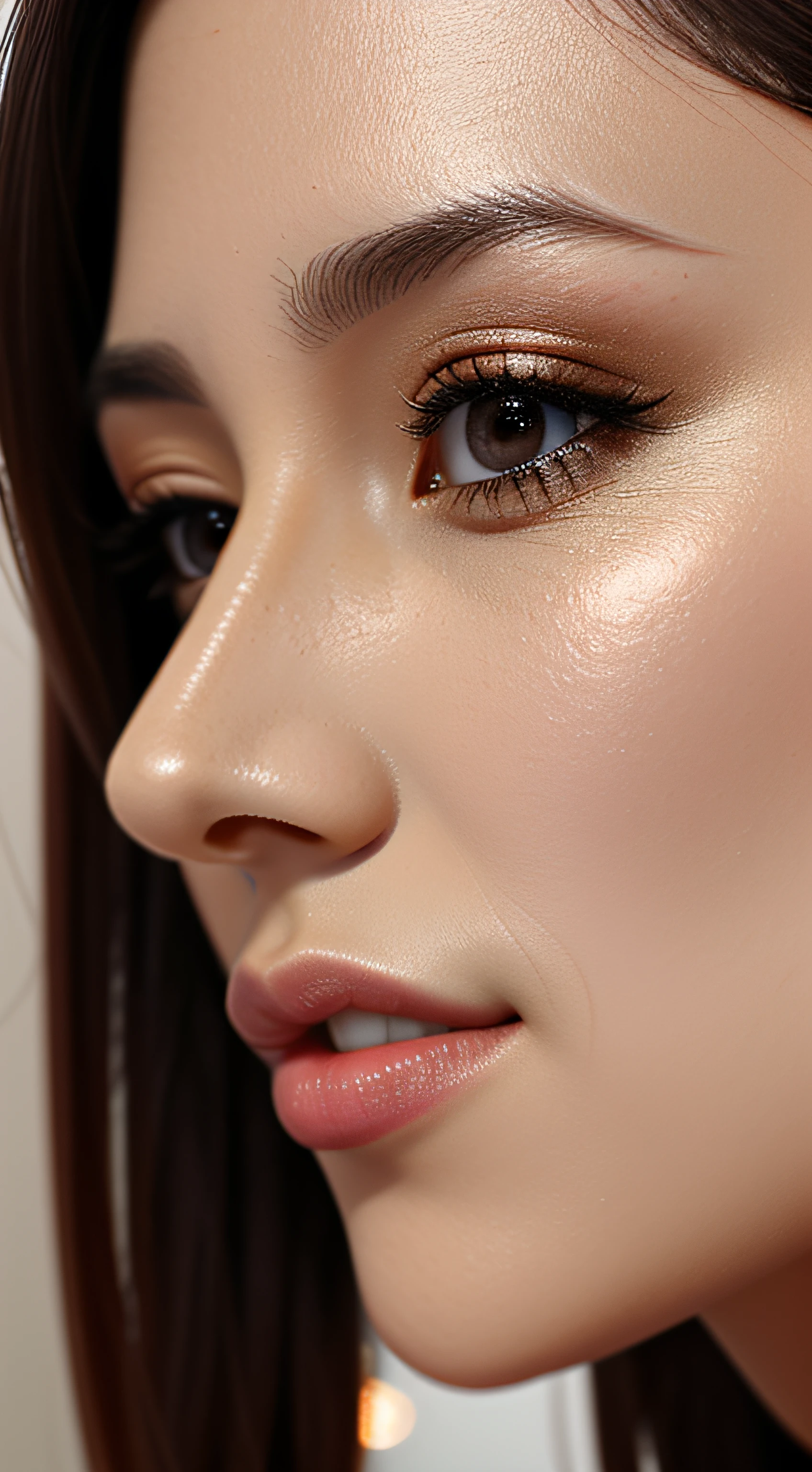 masutepiece,,award - winning photo, Extremely detailed, edgOrgasm,Face Focus Face、35 year old、A dark-haired、Glossy skin、Close-up of face,(Super close-up of nose,Face shot),low angles:1.5,(Realistic nostrils)、Lens Distortion Removal、Reproduction of pores、profile、1girl in,Beautiful woman with straight nose、short cut hair、