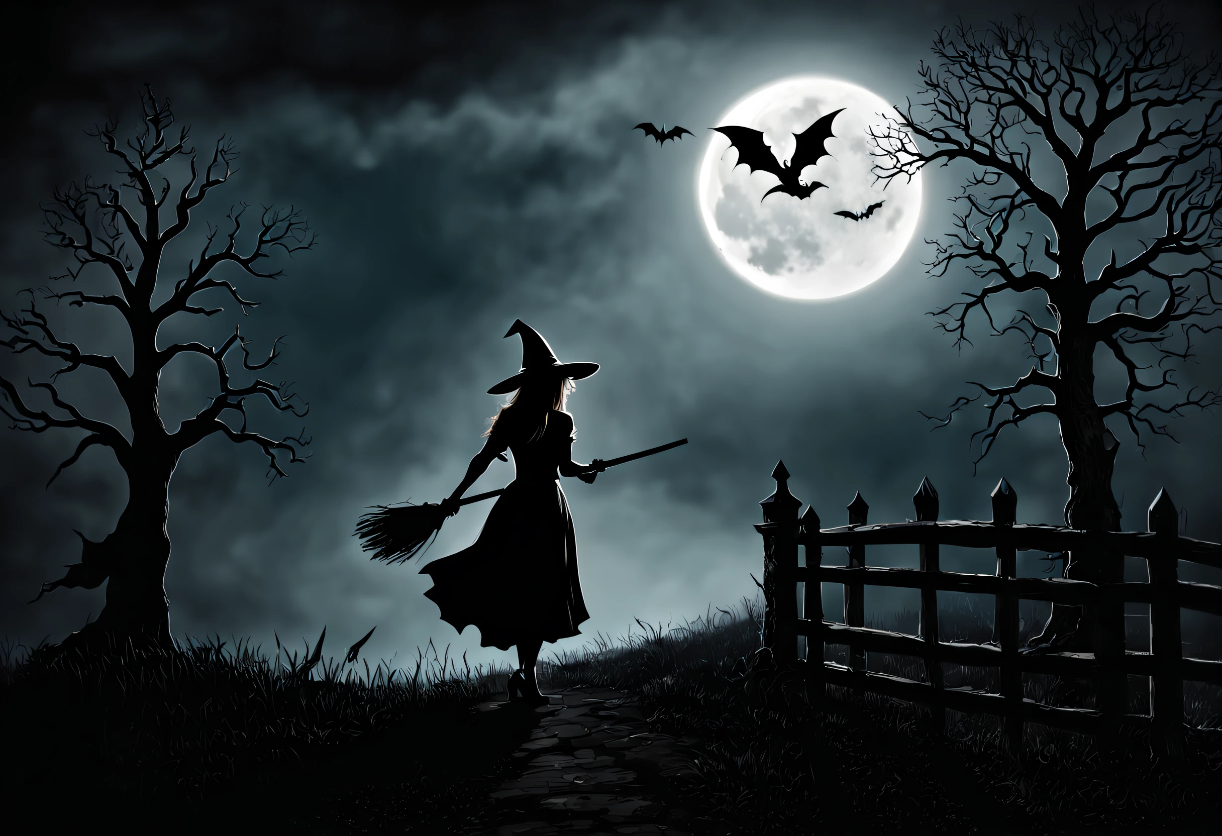 (best quality,4k,8k,highres,masterpiece:1.2),ultra-detailed,(realistic,photorealistic,photo-realistic:1.37),(Halloween illustration:1.2)silhouette of a witch,big moon behind,dark,spooky atmosphere,wispy clouds,gnarled tree branches,shadows and highlights,haunting glow,full moon,night scene,captivating, ethereal, magical,haunted,wrought-iron fence,flying broomstick,mysterious,witch hat,ominous,witchcraft,moody lighting,majestic,enchanted,cast a spell,enchanted forest,moonlit sky,sorceress,witch’s brew,crystal ball,starlit night,spellbinding,moonlight shadows,mystical,thick mist,moonbeams,ghostly apparitions,enigmatic,night creatures,candlelight,witching hour,occult symbols,unseen forces,gothic,enchanted moon,moonlit silhouette