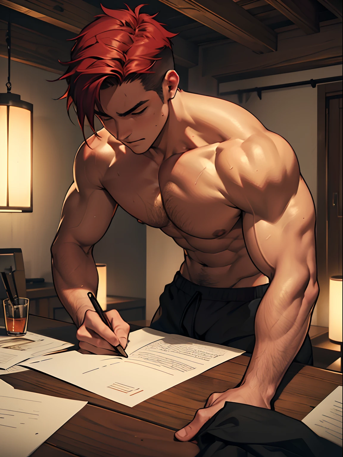 Powerful, Shirtless man with red short hair sitting at table in dimly lit room. ember, apparently, It's working, with papers scattered on the table. The stage is bathed in red tones, Giving it mystery and atmosphere. The emphasis is on the man's well-defined muscles and disheveled hair, In addition to his rugged and hardworking exterior. High-quality image in 4k or 8k resolution, Ensuring that, that, so that every detail is captured. The overall atmosphere of the image is realistic and photorealistic, Focus on the smallest details and craftsmanship. Young guy. r's room. Room in black tones. bed room. Behind the guy there is a bed on which a girl is lying