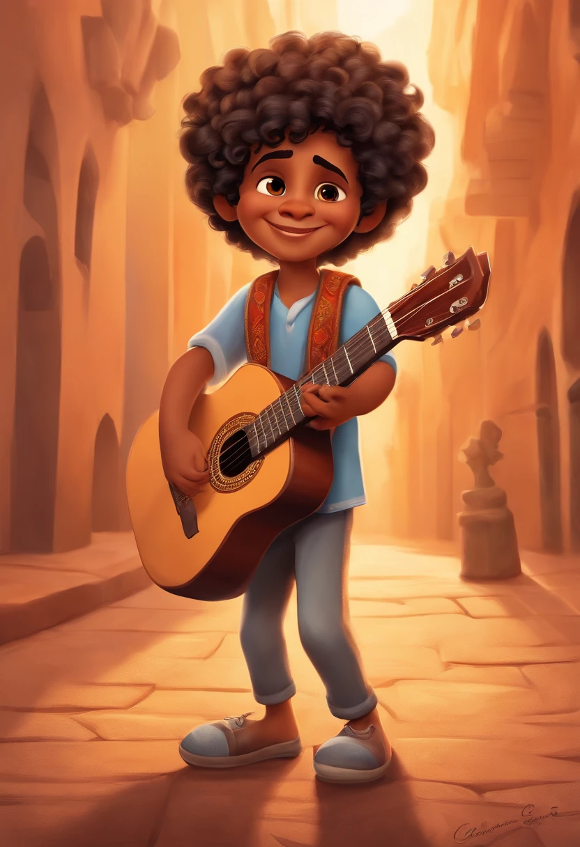 crie um banner no estilo Pixar. A boy with Indian features, moreno pardo com cabelos curtos, Castanhos escuros, Curly and slightly grayish appearance, mas jovem, usando uma camiseta, Wearing jeans and holding a classical guitar with 7 strings.