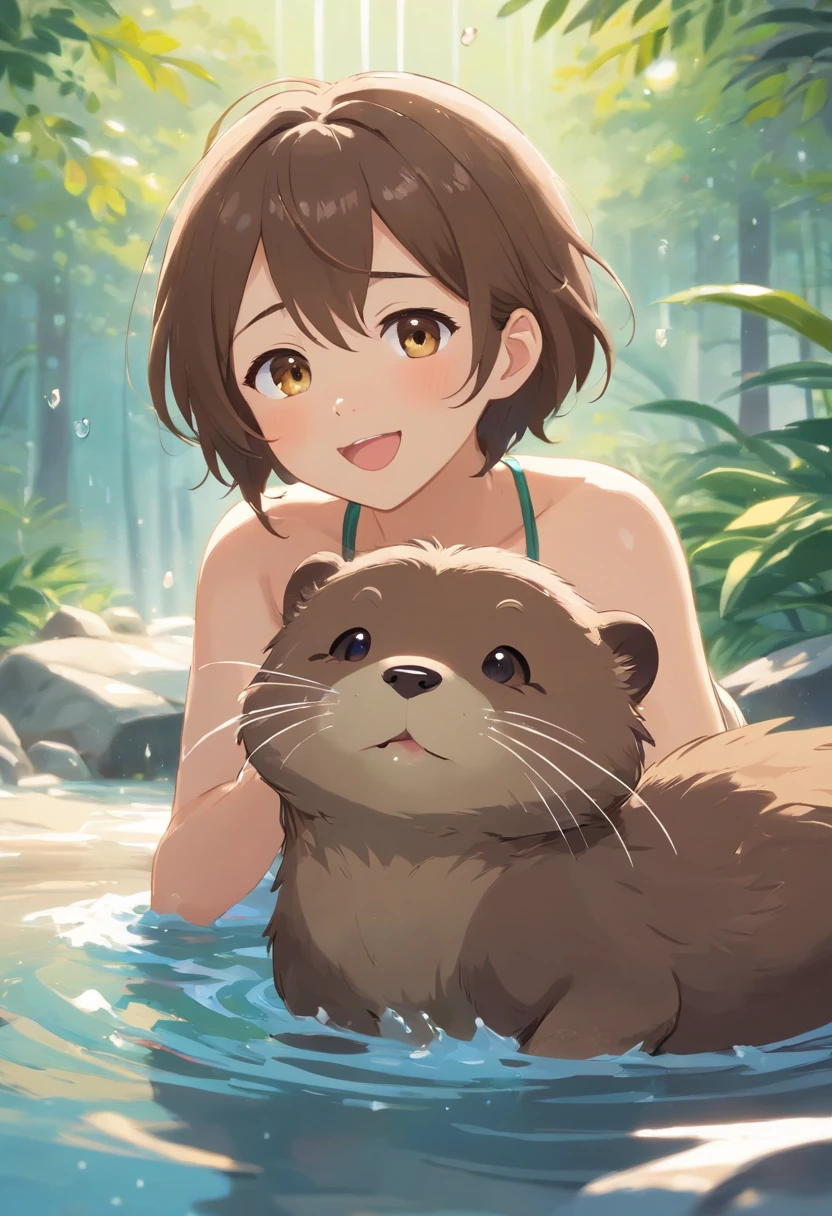 Small, fluffy otters, Perfect for a comfortable cuddle. Its fur is soft，pale brown, There are white spots that resemble raindrops,. His eyes are big，Very expressive, Bright brown，Exudes curiosity and joy. Tito's ears are medium in size、Stand up straight when excited. His nose was dark and wet, His tongue always seems lovingly ready to lick. Their legs are small but agile, Great for running and playing. Tito's tail was short, Shake passionately when you're happy, Looks like a joyous little flag.