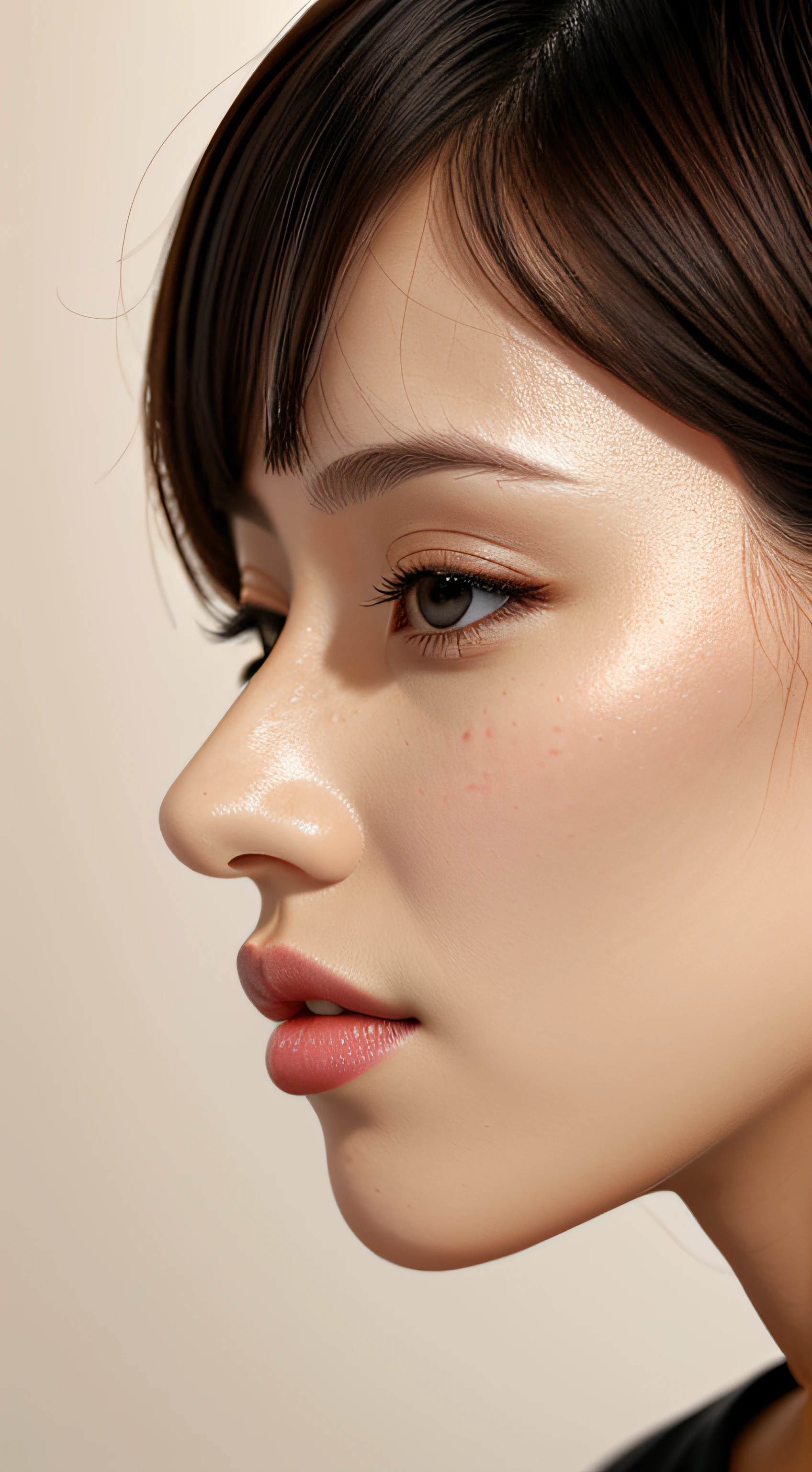 masutepiece,,award - winning photo, Extremely detailed, edgOrgasm,Face Focus Face、35 year old、A dark-haired、Glossy skin、Close-up of face,(Super close-up of nose,Face shot),low angles:1.5,(Realistic nostrils)、Lens Distortion Removal、Reproduction of pores、profile、1girl in,Beautiful woman with straight nose、short cut hair、