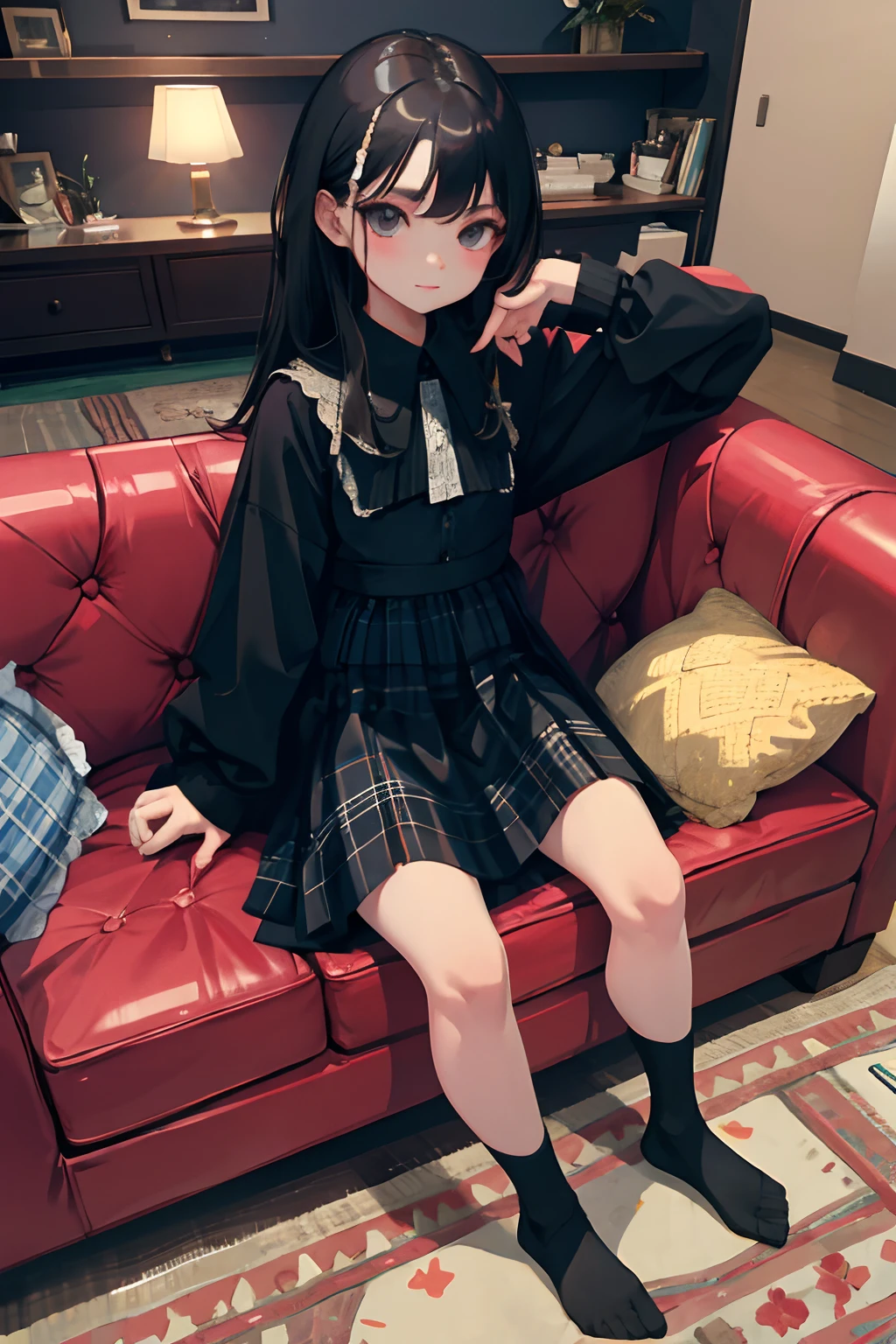 turn around,(child),(masterpiece,Top quality),Black ta Clothes,black hair,Summer Classroom,Lakeside