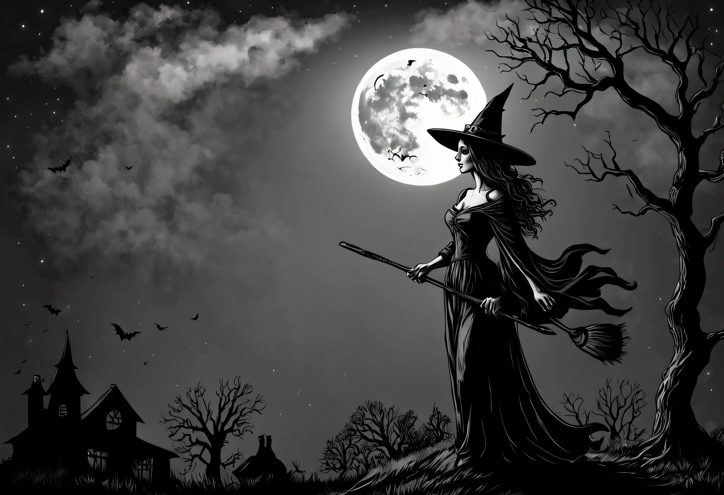 (best quality,4k,8k,highres,masterpiece:1.2),ultra-detailed,(realistic,photorealistic,photo-realistic:1.37),(Halloween illustration:1.2)silhouette of a witch,big moon behind,dark,spooky atmosphere,wispy clouds,gnarled tree branches,shadows and highlights,haunting glow,full moon,night scene,captivating, ethereal, magical,haunted,wrought-iron fence,flying broomstick,mysterious,witch hat,ominous,witchcraft,moody lighting,majestic,enchanted,cast a spell,enchanted forest,moonlit sky,sorceress,witch’s brew,crystal ball,starlit night,spellbinding,moonlight shadows,mystical,thick mist,moonbeams,ghostly apparitions,enigmatic,night creatures,candlelight,witching hour,occult symbols,unseen forces,gothic,enchanted moon,moonlit silhouette