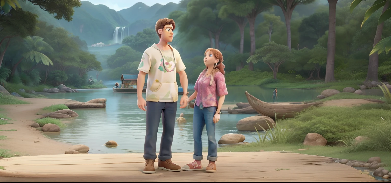 There are two people standing on a dock near a body of water, em um rio na selva, em frente a um fundo de floresta, Selvas ao fundo, poster disney pixar, qualidade alta, melhor qualidade