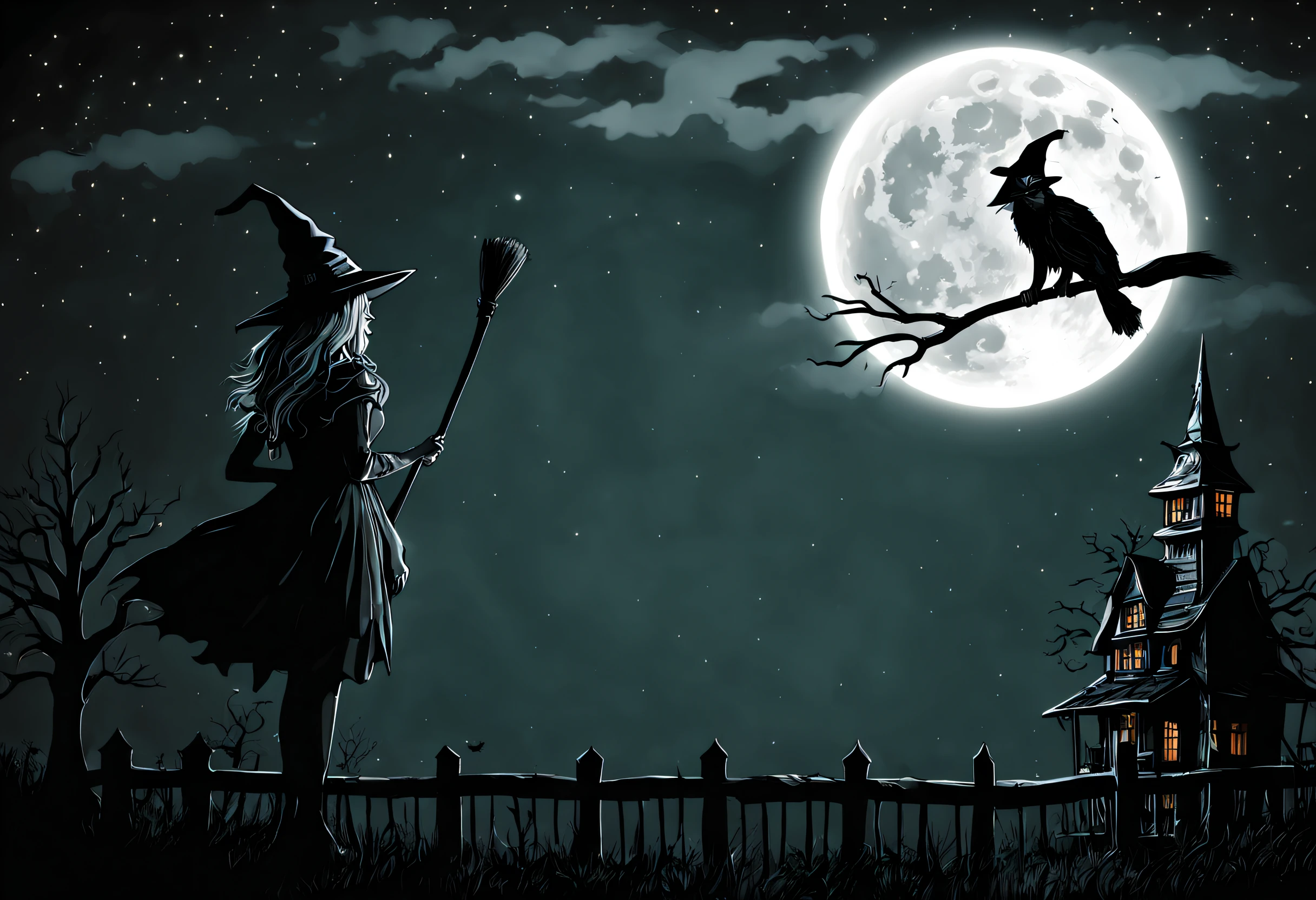 (best quality,4k,8k,highres,masterpiece:1.2),ultra-detailed,(realistic,photorealistic,photo-realistic:1.37),(Halloween illustration:1.2)silhouette of a witch,big moon behind,dark,spooky atmosphere,wispy clouds,gnarled tree branches,shadows and highlights,haunting glow,full moon,night scene,captivating, ethereal, magical,haunted,wrought-iron fence,flying broomstick,mysterious,witch hat,ominous,witchcraft,moody lighting,majestic,enchanted,cast a spell,enchanted forest,moonlit sky,sorceress,witch’s brew,crystal ball,starlit night,spellbinding,moonlight shadows,mystical,thick mist,moonbeams,ghostly apparitions,enigmatic,night creatures,candlelight,witching hour,occult symbols,unseen forces,gothic,enchanted moon,moonlit silhouette