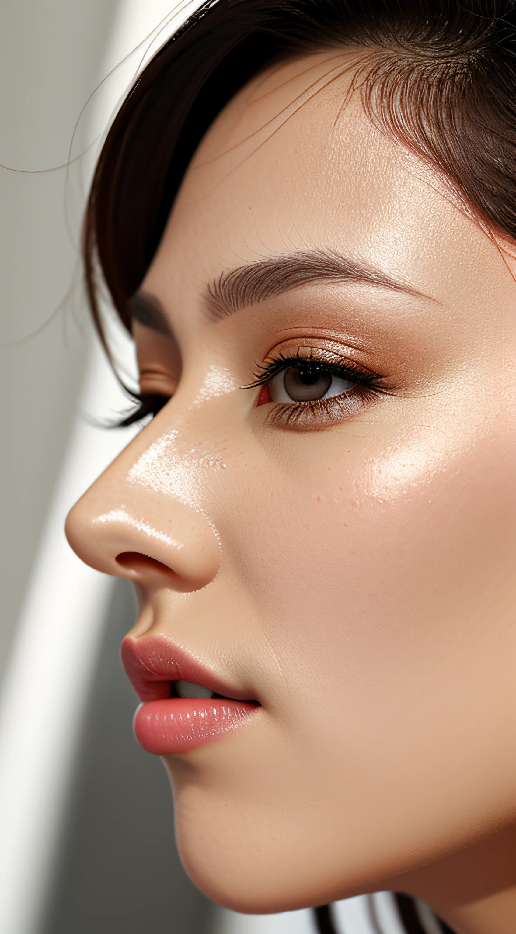 masutepiece,,award - winning photo, Extremely detailed, edgOrgasm,Face Focus Face、35 year old、A dark-haired、Glossy skin、Close-up of face,(Super close-up of nose,Face shot),low angles:1.5,(Realistic nostrils)、Lens Distortion Removal、Reproduction of pores、profile、1girl in,Beautiful woman with straight nose、short cut hair、