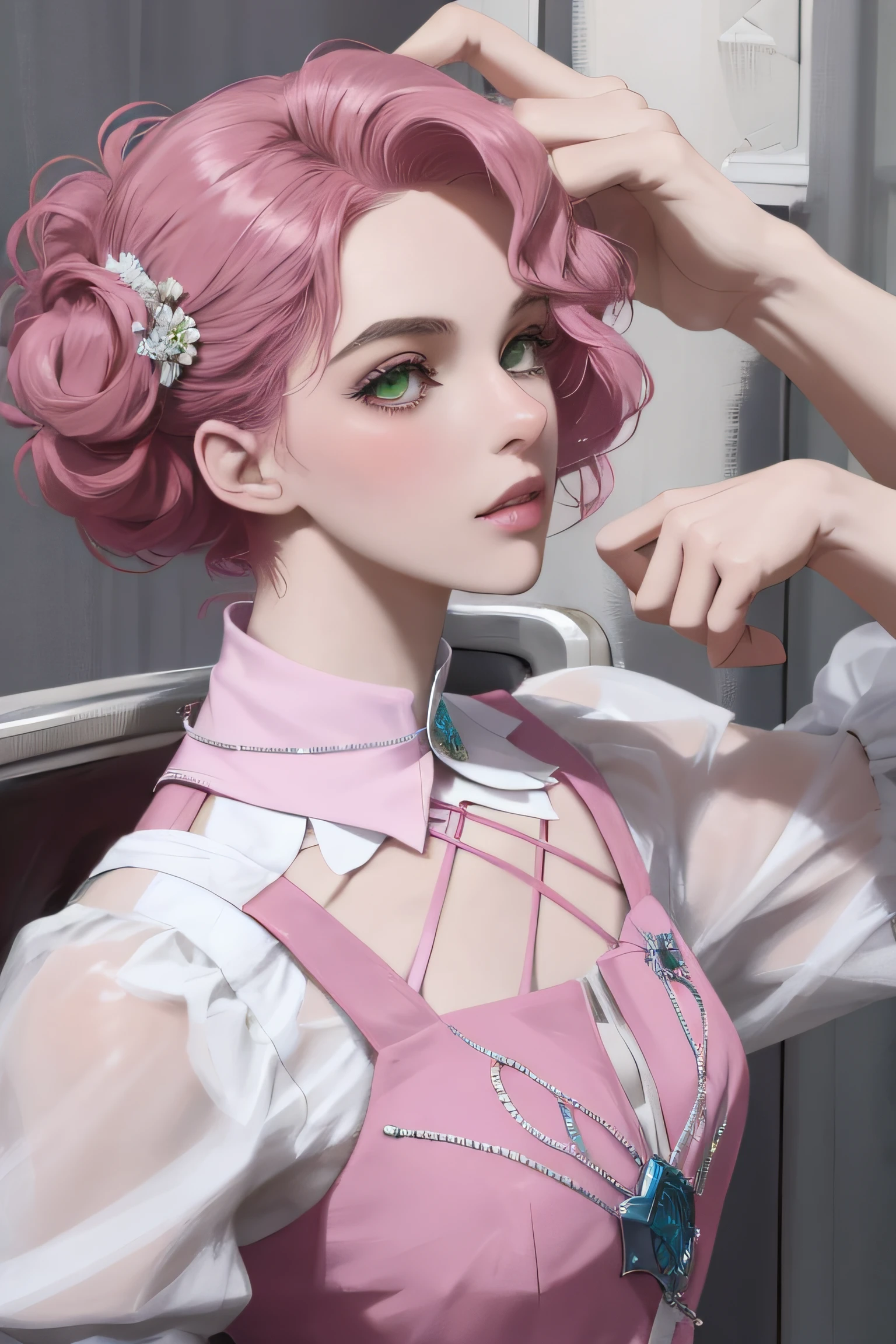 Alisa bosconovitch, melhor qualidade, contemporary, estilo plano, minimalismo, Green Eyes Flat Illustration, cabelo rosa, cabelo curto, cabelos multicoloridos, Camisa Preta, mechanical wings, Head Portrait Close-U, peito pontudo, decote, super decote, middlebreasts, Tekken，cabelo rosa pastel, 1girl, em quimono, hand-painted，Desenho de linha sem cor, colorida do yandere pastel, Tekken, Super cute pink hair girl with gothic makeup on the side, com roupa de empregada，figura esbelta，robusto，He sat on the floor，Vestido com roupas de empregada rosa e branco，cabelos muito curtos，com orelhas de gato，quadratic element，, kawaii cor-de-rosa na roupa da era de 1910, Alisa Bosconovich pink lips, no estilo da paleta de cores suave aurorapunk, an anime illustration of his face, gifs animados, hand drawn animation, charming sketches, suave e brilhante, romantismo nebuloso, Estilo Superflat, fundo branco - ar 1:1 - niji 5 - estilo expressivo --s 50 ,Pink kawaii girl in the era of 1920s clothesPink eagles, vestindo uma camisa branca brilhante, no estilo da paleta de cores suave aurorapunk, an anime illustration of his face, gifs animados, hand drawn animation, charming sketches, suave e brilhante, romantismo nebuloso, Estilo Superflat, fundo branco - ar 1:1 - niji 5 - estilo expressivo --s 50, Absurdo, Altas, ultra detalhados, (1girl:1.3), quebrar , Crie uma imagem com uma bela caligrafia