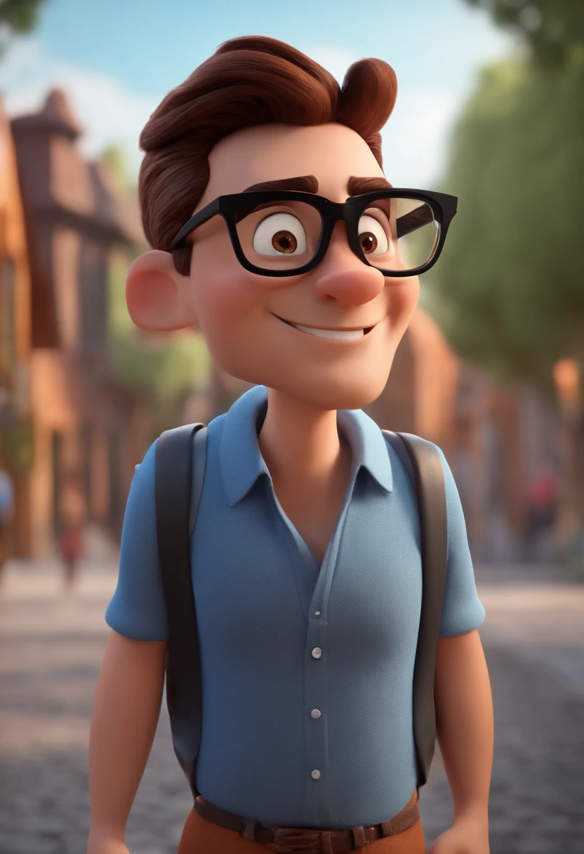 Cartoon character of a man with black glasses and a blue shirt, animation character, Caractere estilizado, animation style rendering, 3D estilizado, Arnold Maya render, 3 d render stylized, toon render keyshot, Personagem 3D, Personagem 3D, 3d rendering stylized, 3 d character render, personagem de desenho animado, Personagem de close up, Pose de personagem,  (Estilo Pixar) (master part:1.2) (Bokeh) (best quality) (pele detalhada) (textura detalhada) (8k) (argila) (Cinematic lighting) (foco nítido