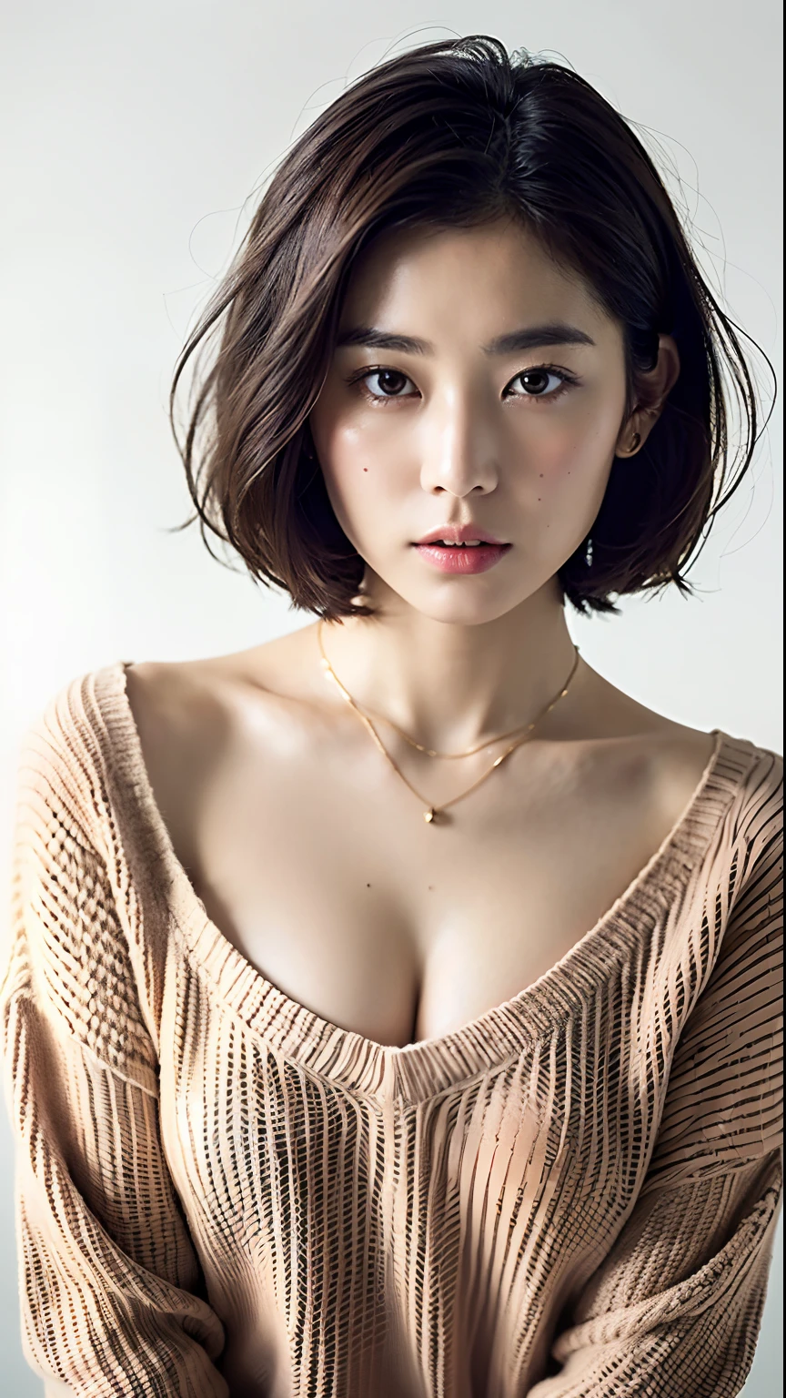 (Best Quality, 8K, 32K, masutepiece, nffsw:1.2),Photo of Pretty Japanese woman, Large breasts, Very short bob hair,Upper body,(Oversized_Sweaters,:1.1) Necklace, Simple background, looking at around, Beautiful breasts