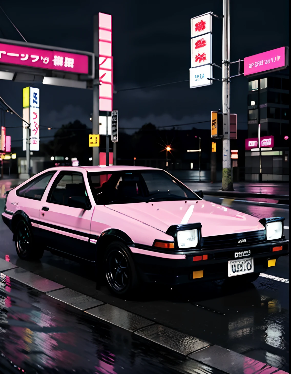 32K Ultra Hi-Vision、Photorealsitic、top-quality、Raw photo、hiquality、Photo Contest Winners、Pulling photo、shot from drone、Rear view of Toyota AE86 Trueno、((Drive through the Pink Neon Streets))、(Colorful urban areas:1.2)、(Neon Street)、((Carbon bonnet specification:1.2))、(Rain-soaked road surface、Headlights reflecting on the road surface:1.2)、(Beautiful night view、Background blur:0.7)