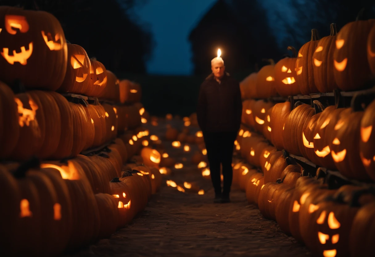 a wall of stones, Halloween pumpkins lined up, two human heads between the pumpkins, candlelight, a funny photo