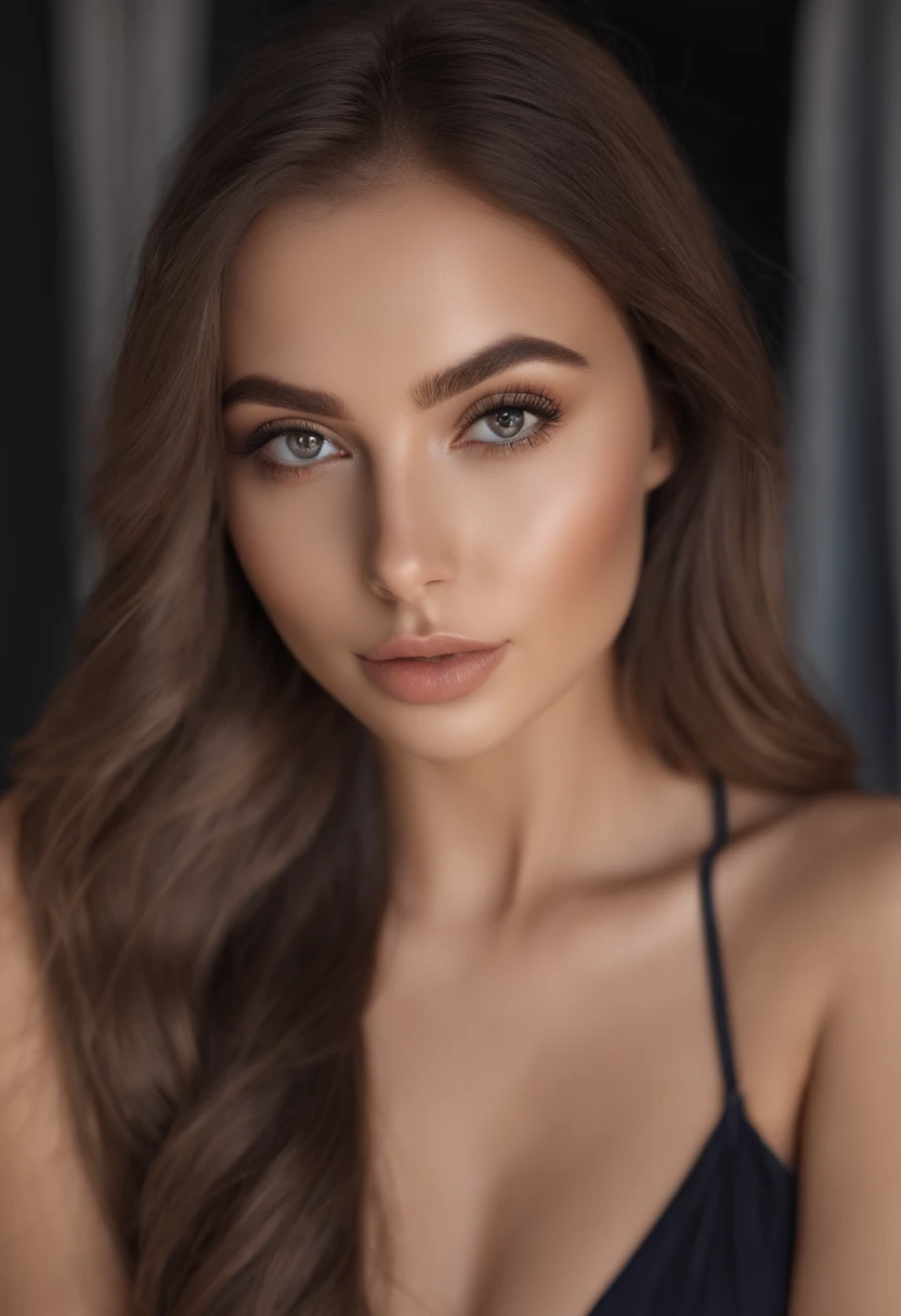 arafed woman fully , sexy girl with brown eyes, ultra realistic, meticulously detailed, portrait sophie mudd, brown hair and large eyes, selfie of a young woman, dubai eyes, violet myers, without makeup, natural makeup, looking directly at the camera, face with artgram, subtle makeup, stunning full body shot kneeling on bed, in bedroom, medium to large size bust