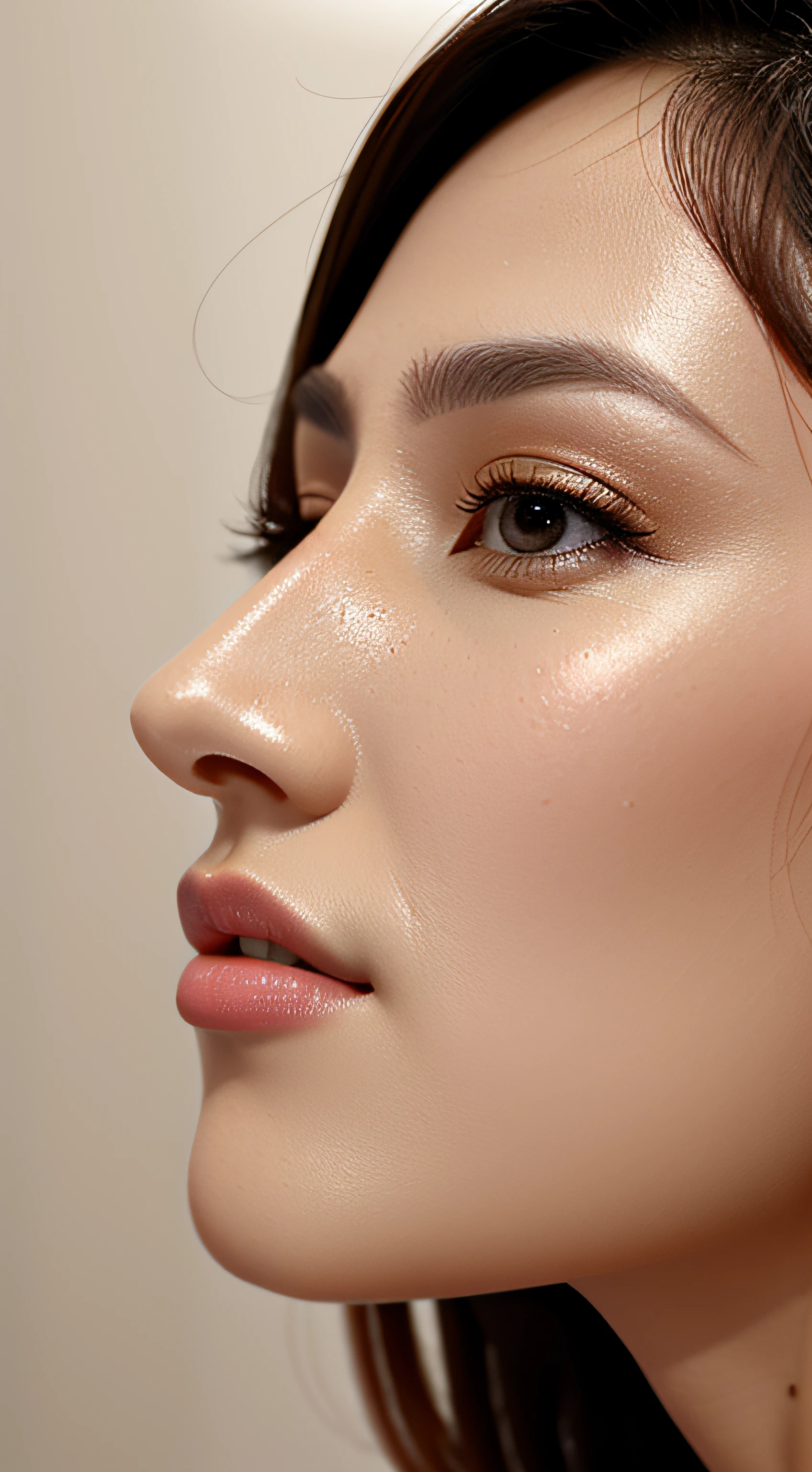 masutepiece,,award - winning photo, Extremely detailed, edgOrgasm,Face Focus Face、35 year old、A dark-haired、Glossy skin、Close-up of face,(Super close-up of nose,Face shot),low angles:1.5,(Realistic nostrils)、Lens Distortion Removal、Reproduction of pores、profile、1girl in,Beautiful woman with straight nose、short cut hair、