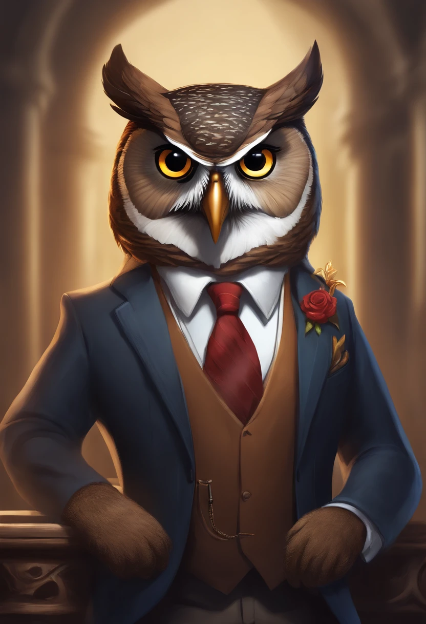 cartoon owl dressed in a suit and tie with a bow tie, anthropomorphic character, official character illustration, owl wizard, nite - owl, official concept art, highly detailed character design, owlbear, official character art, ( ( character concept art ) ), high quality character design, inspired by Max Magnus Norman, by Alexander Robertson, by Dave Kendall, highly detailed character