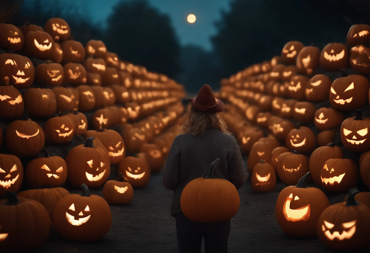 (a wall of stones),(Halloween pumpkins lined up),(two human heads between the pumpkins),(candlelight),(a funny photo),(best quality,4k,8k,highres,masterpiece:1.2),(ultra-detailed),(realistic,photorealistic,photo-realistic:1.37),(HDR),(UHD),(studio lighting),(ultra-fine painting),(sharp focus),(physically-based rendering),(extreme detail description),(professional),(vivid colors),(bokeh),(portraits),(horror),(funny),(warm color tone),(soft lighting)