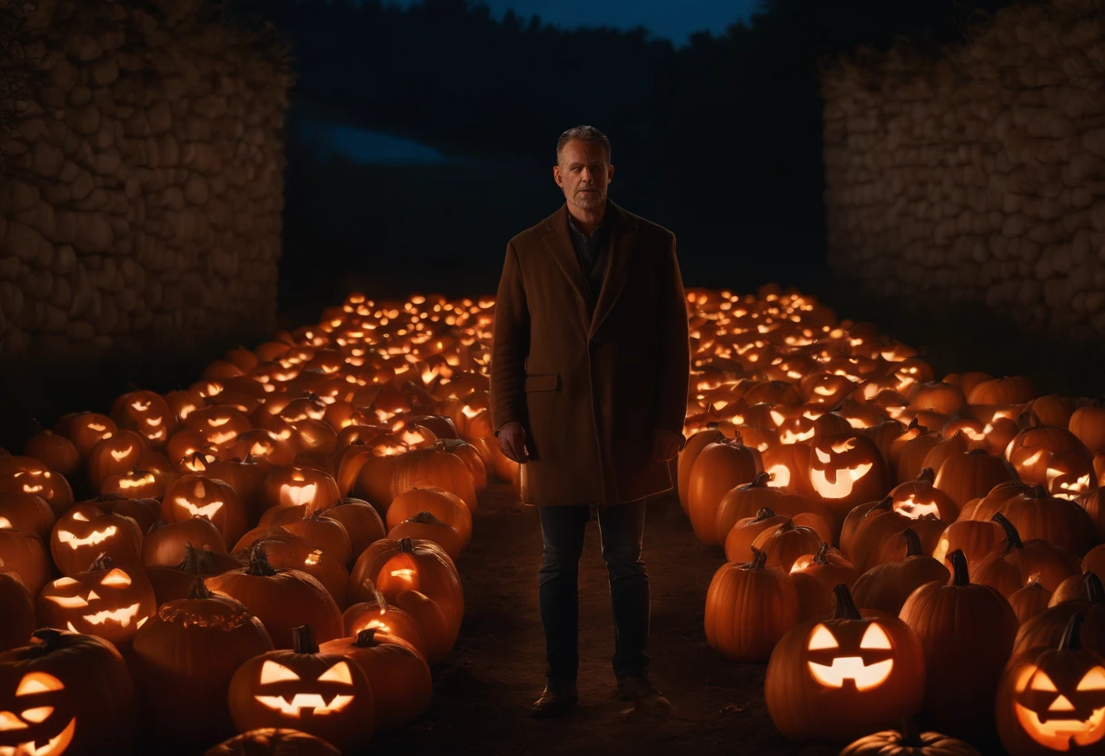 (a wall of stones),(Halloween pumpkins lined up),(two human heads between the pumpkins),(candlelight),(a funny photo),(best quality,4k,8k,highres,masterpiece:1.2),(ultra-detailed),(realistic,photorealistic,photo-realistic:1.37),(HDR),(UHD),(studio lighting),(ultra-fine painting),(sharp focus),(physically-based rendering),(extreme detail description),(professional),(vivid colors),(bokeh),(portraits),(horror),(funny),(warm color tone),(soft lighting)