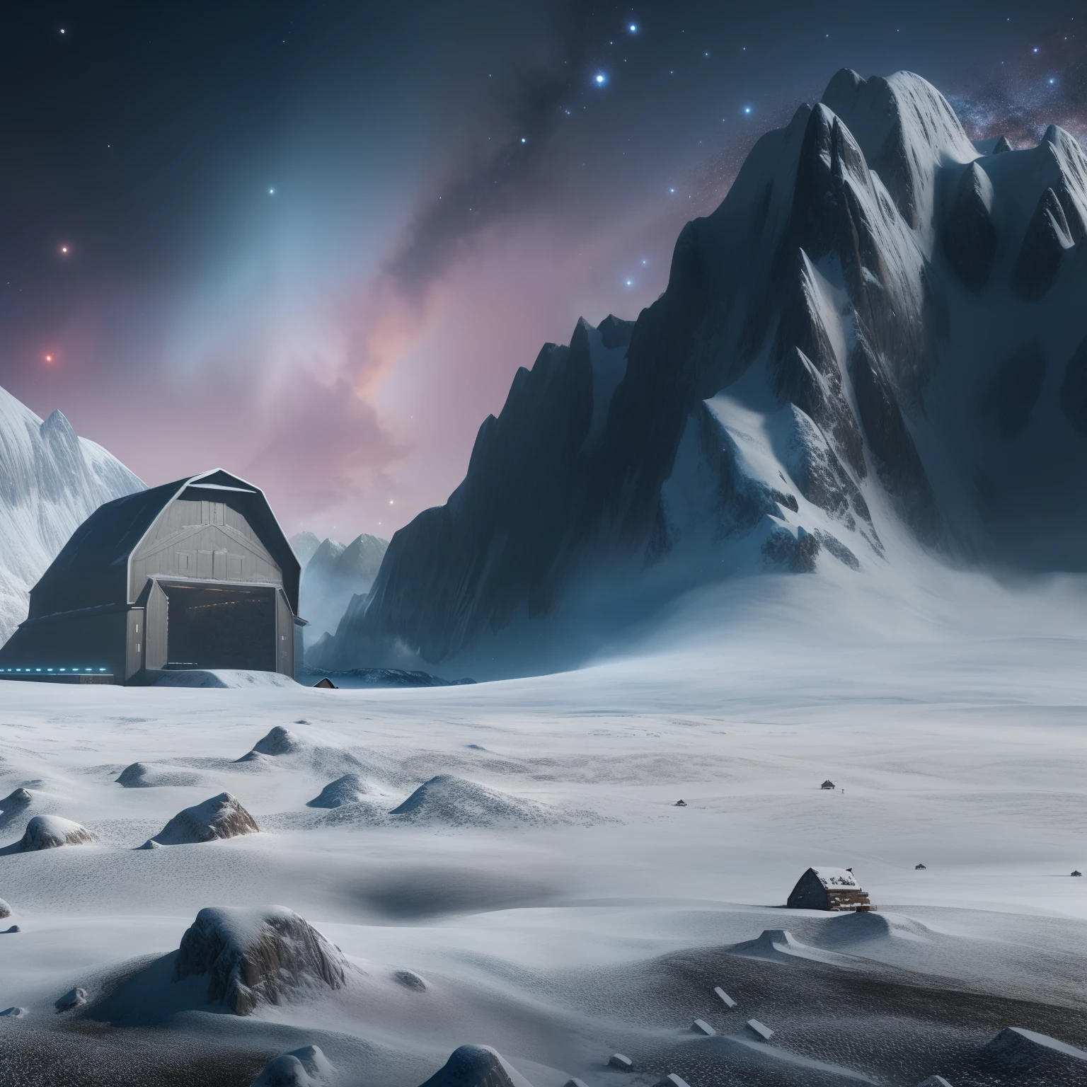 a computer generated image of a snowy landscape with a barn and mountains, stefan koidl inspired, in the art style of filip hodas, inspired by Filip Hodas, sci fi scenery, 8 k matte painting, 8k matte painting, cinematic space scenery, space landscape, detailed sci - fi backgrounds, sci fi landscape, jessica rossier fantasy art