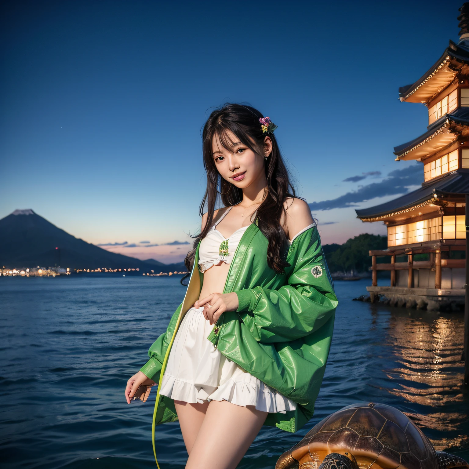 (8K、RAW Photos、top-quality、masterpiece:1.2)、(realisitic、Photorealsitic:1.35)、ultra-detailliert、超A high resolution、lighting like a movie、(((Idols who love turtles)))、(((Japan 16 year old girls)))、(((Wearing a cute costume with a turtle motif)))、(Lots of turtles:1.5)、cute smile face、Happy and energetic atmosphere、dynamic ungle、动态照明