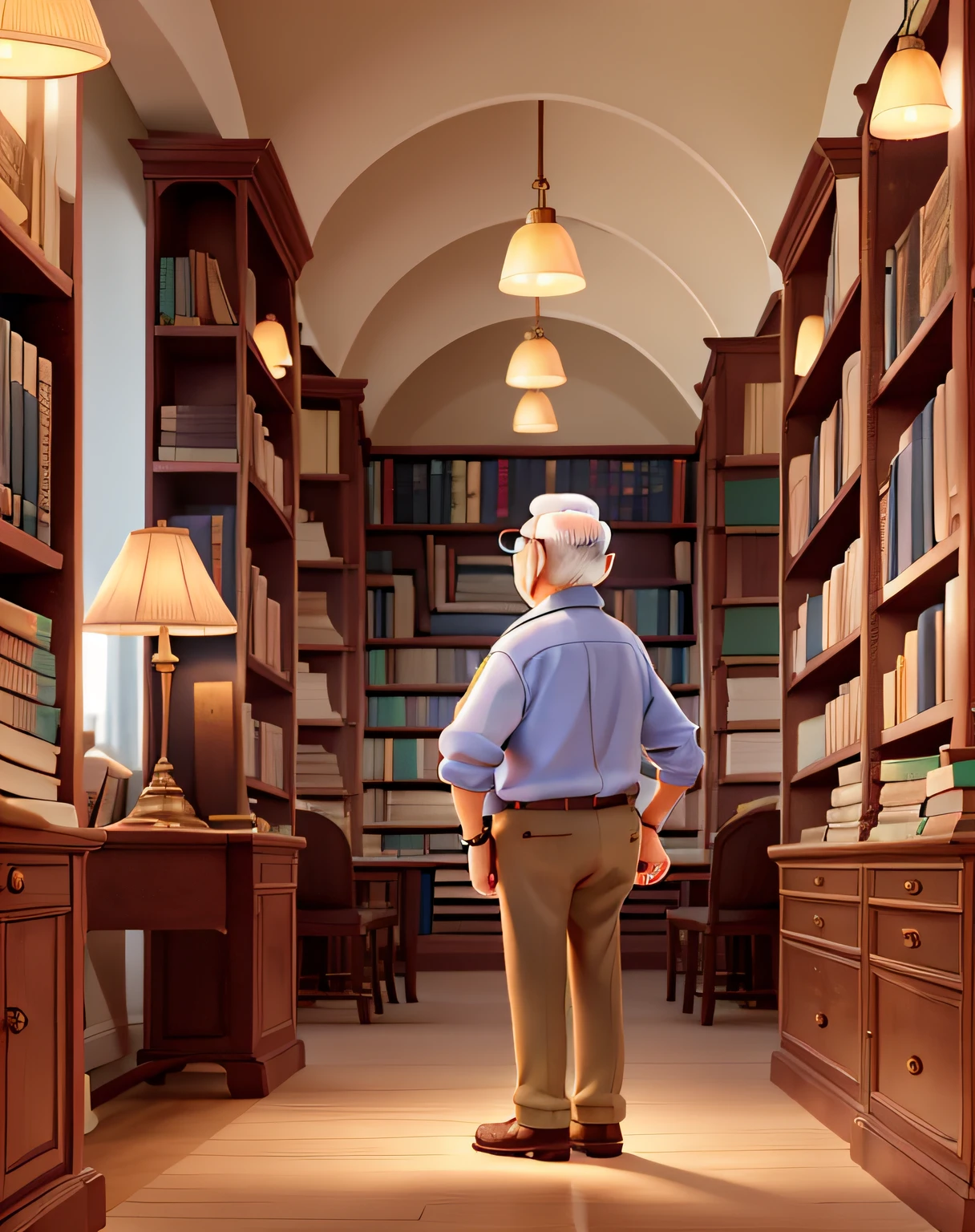 A wise old man standing in front, illuminated by the light of a lamp, against the backdrop of a library