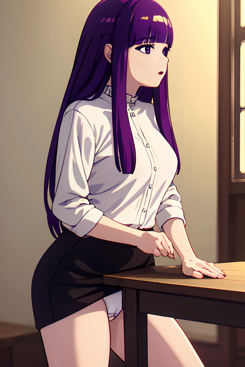 1girl, table humping, crotch rub, white shirt, pencil skirt, 
office, white panties, skirt lift, lanyard, table, lifting, multiple boys,suggestive fluid,, masterpiece, best quality, highly detailed, long purple hair, purple eyes