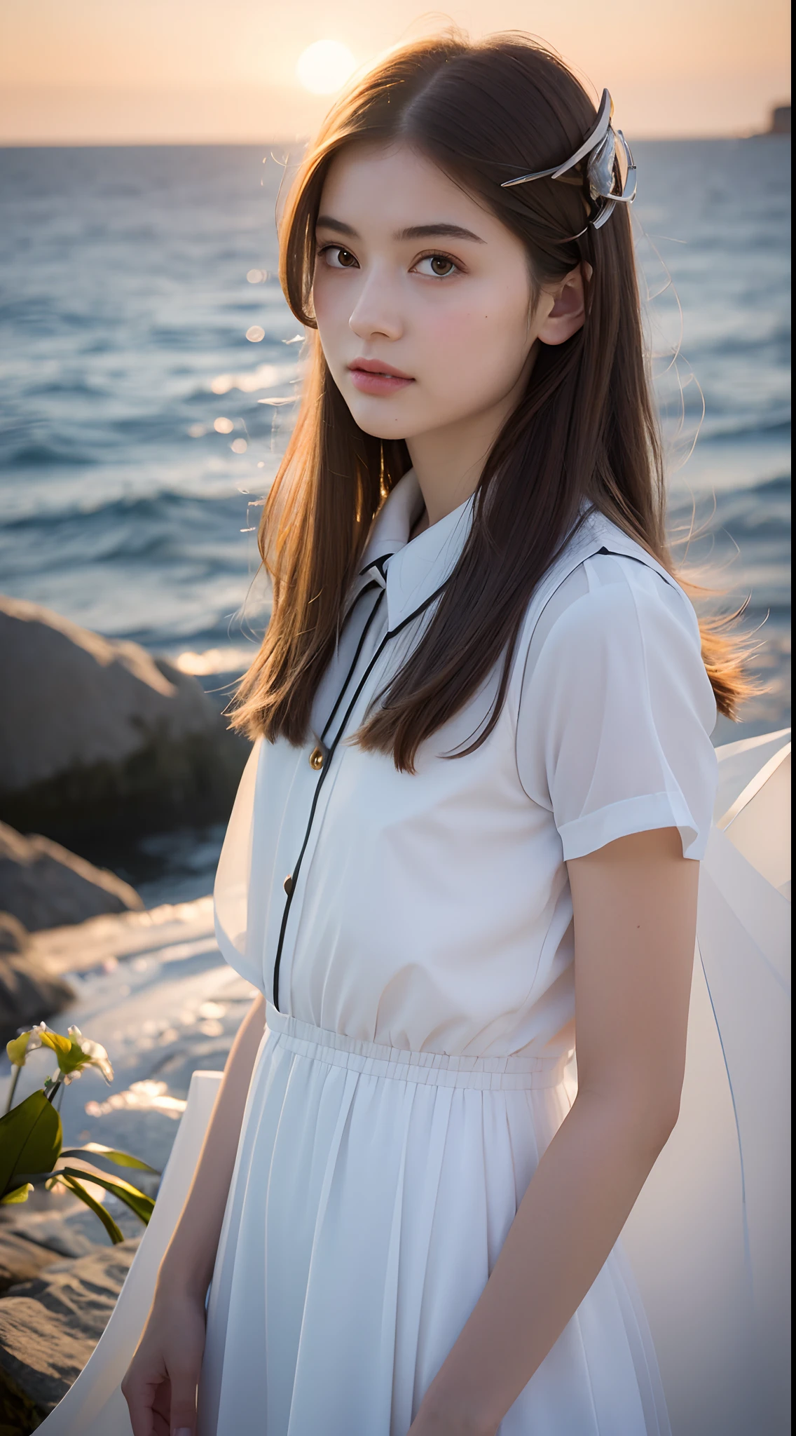 masterpiece, best quality, {best quality}, {{masterpiece}}, {highres}, original, extremely detailed wallpaper, 1girl,{an extremely delicate and beautiful}, {{angle}} , hair flower, illustration, school uniform, sunlight, detailed eyes, lily, white wings, ((halo)), Brown hair,The sea, the sunset,Dress,