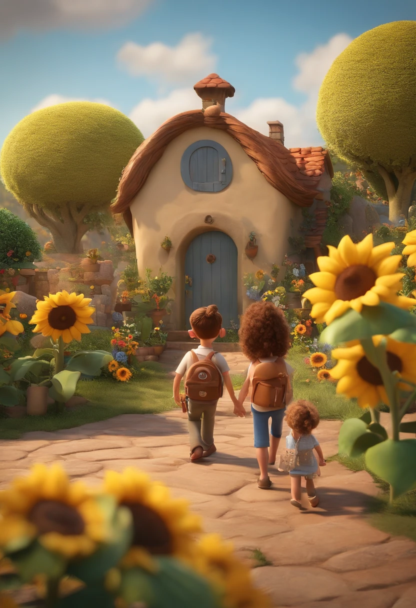 Create a Disney PIXAR-style 3D poster. ((centro da imagem, Triplets)), ((3 children)) ((1 menino no meio e 2 meninas ao lado, They're hugging each other, O menino tem pele castanha e cabelos castanhos escuros e olhos castanhos escuros, 1 menina tem pele clara, olhos e cabelos escuros e cacheados, e a outra menina tem pele morena, olhos escuros e cabelos escuros e lisos)) ((tudo isso no estilo Disney PIXAR 3D, In the background, A house of sunflowers, Gloria Studio, The garden is full of nature 3D render RTX clay material, estilo de design cartunesco, POP Mart, soft lighting, linhas suaves, Spring tilt, Detailed illustrations of PIXAR 3D, Detalhes hiper-realistas, cor quente no estilo Disney PIXAR 3D))