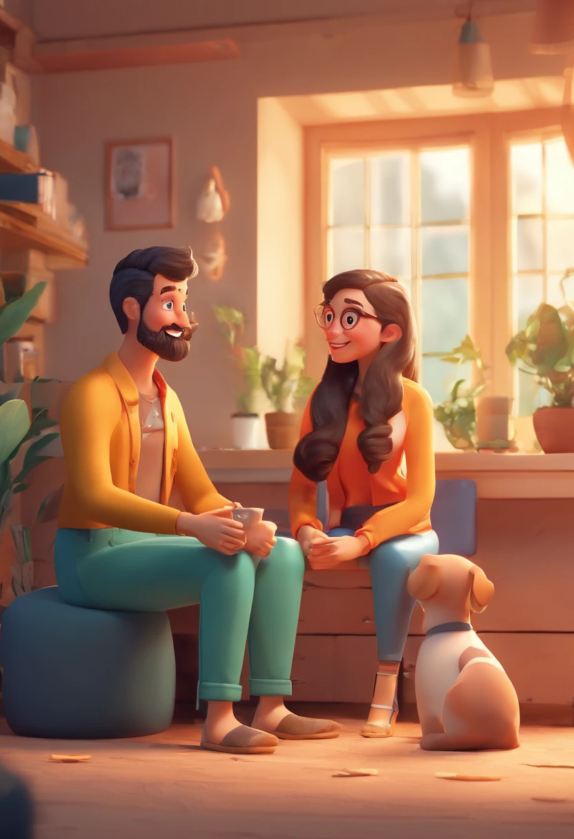 An illustration of an adorable couple, Destacando um homem e uma mulher com beleza, Expressive eyes – the man's hair is bald and brown and he has a full beard, While the woman's hair is tied up in a bun and blonde. They are a bright space, Todos com um sorriso no rosto, e compartilhe um momento especial, That is marked by love, viagem, and pedagogical insights. Ilustre esta cena a partir de uma perspectiva, where they're facing away from the camera, Show Your Connection. Desenvolva esta arte em Full HD, Focus on your cinematic touch, Estilo Disney Pixar Animations