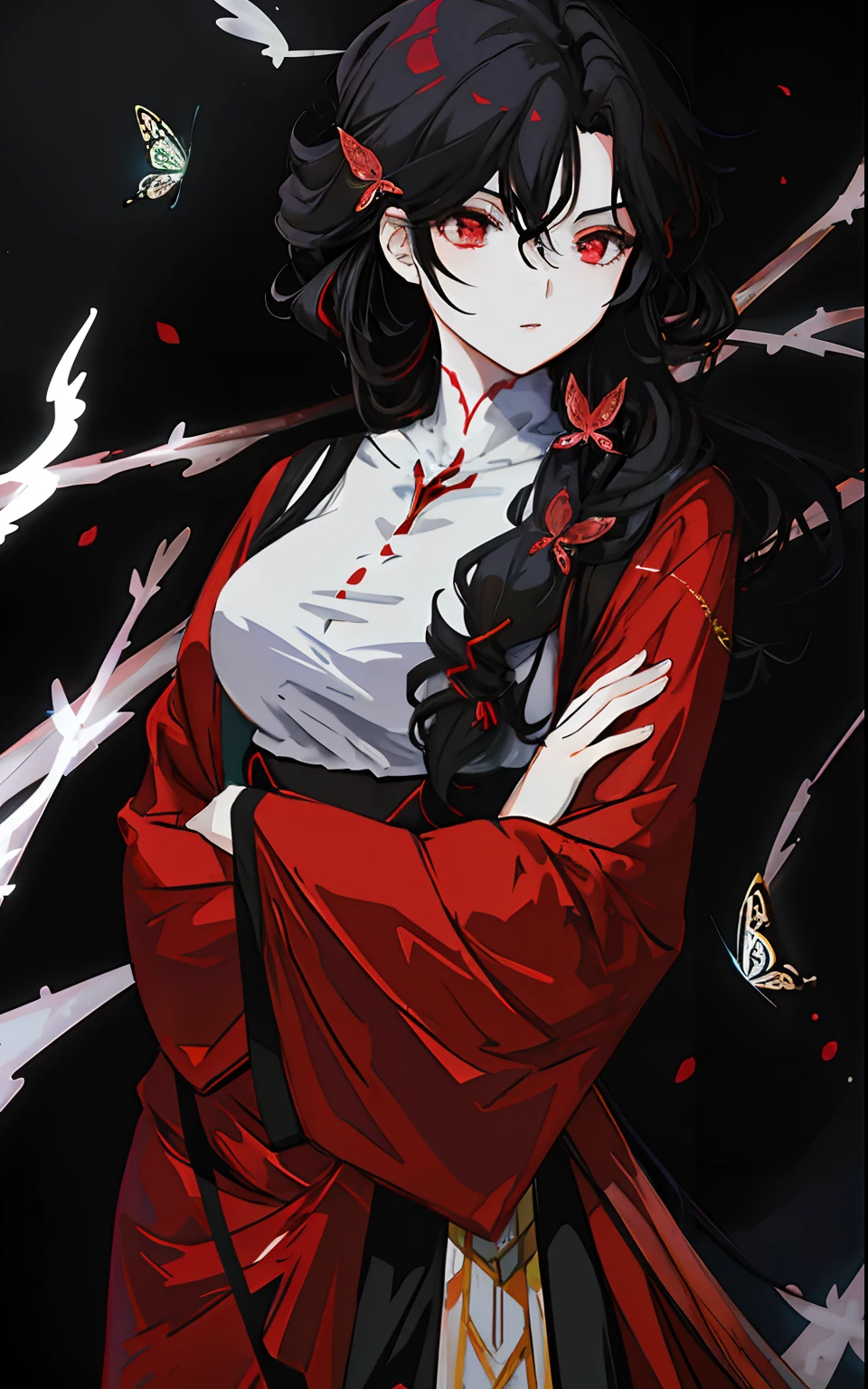 anime girl with long black hair and red dress, full body, anime woman fullbody art, beautiful anime woman, beautiful anime artwork, anime woman, red eyes, arms crossed, butterfly hair ornament