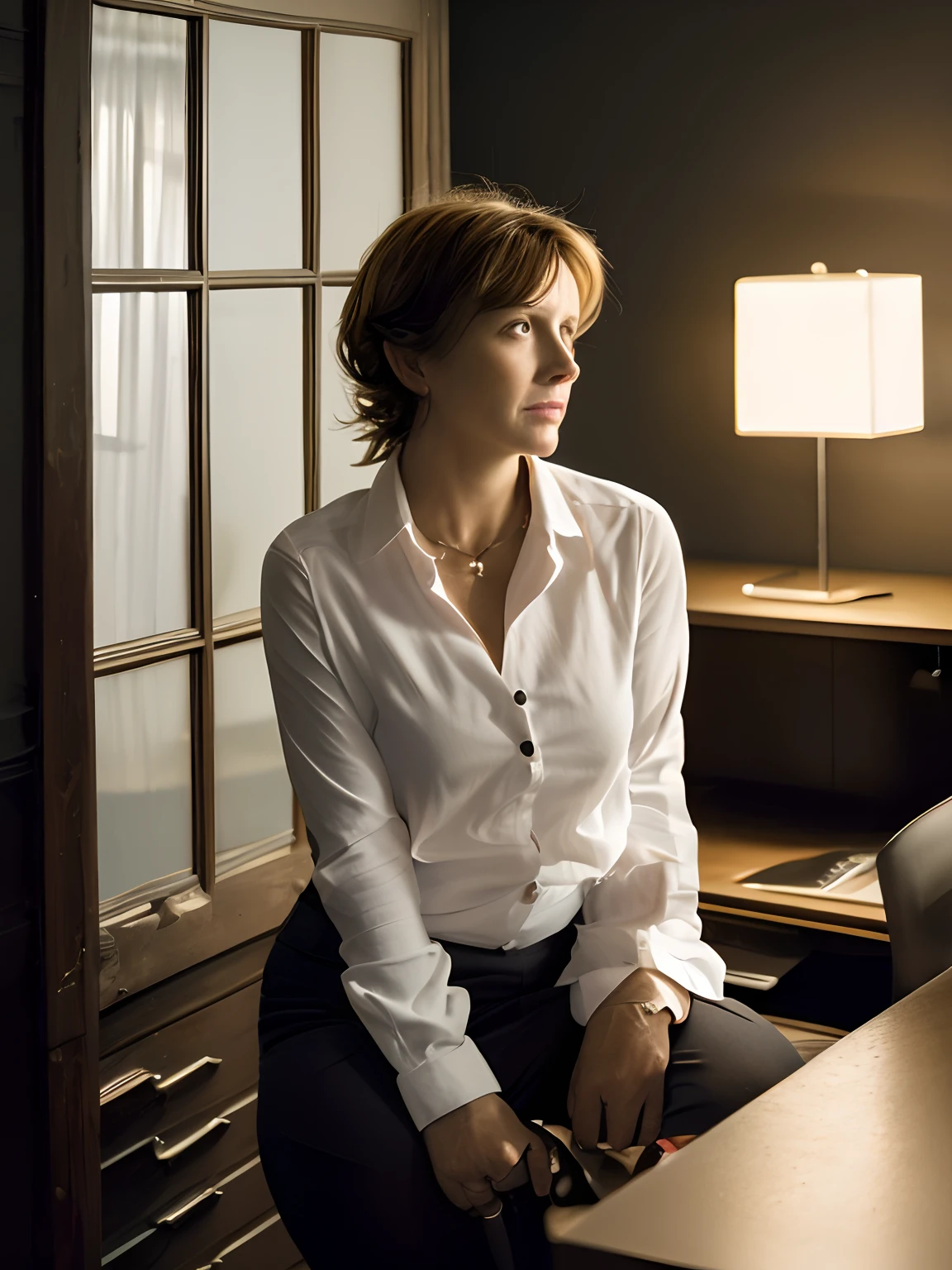 Portrait d'une femme de 48 ans,chemise blanche ouverte, caleçon en coton, assise, (bureau privé sombre, Vieux meubles, lumière sombre et maussade : 1.2)
