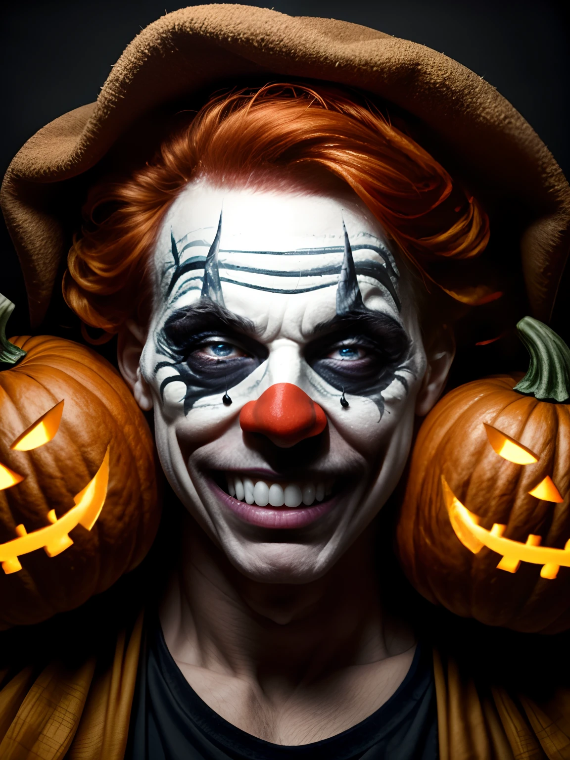 Ugly clown,Spooky Grin,Reddens Nose,Colorful makeup,redheadwear,Take a picture with the pumpkin,(best qualtiy,high qulity,absurderes,intricately details,tmasterpiece,cinematic ligh),Lens effects