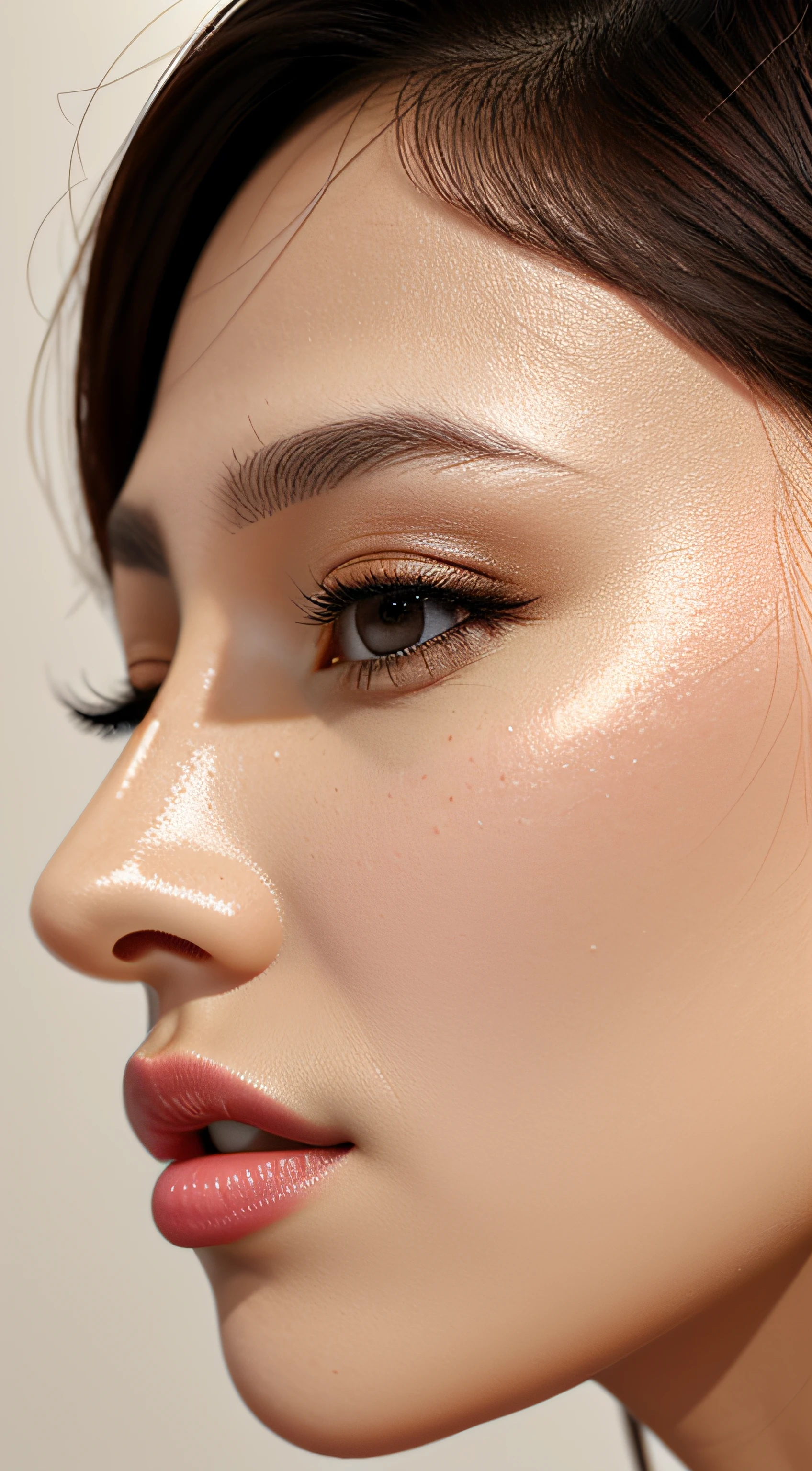 masutepiece,,award - winning photo, Extremely detailed, edgOrgasm,Face Focus Face、35 year old、A dark-haired、Glossy skin、Close-up of face,(Super close-up of nose,Face shot),low angles:1.5,(Realistic nostrils)、Lens Distortion Removal、Reproduction of pores、profile、1girl in,Beautiful woman with straight nose、short cut hair、