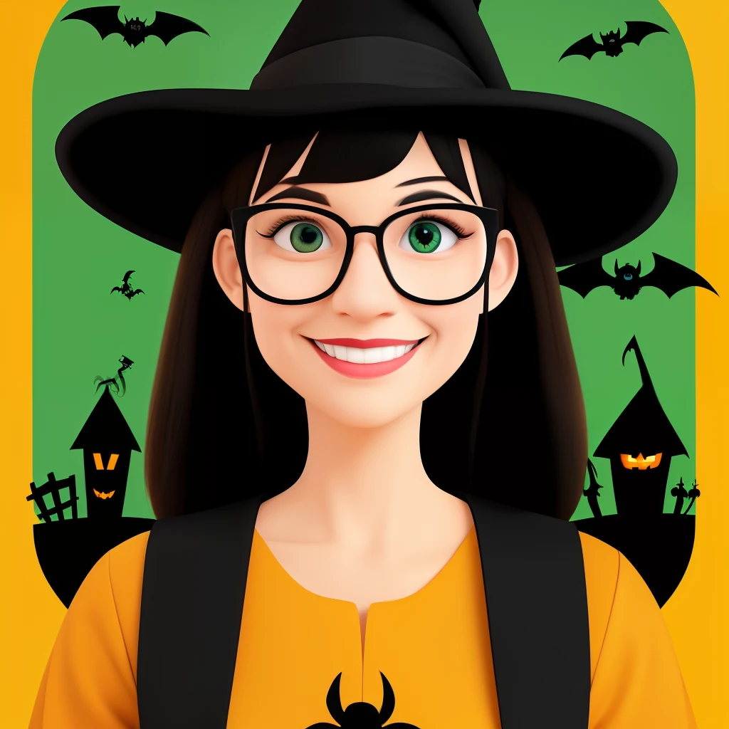 Disney/Pixar style 3D poster capturing a 36-year-old woman with light brown skin, wearing glasses, black hair with bangs, thin face, she wears black clothes and has a closed smile in a Halloween environment with spiders, bats and witches