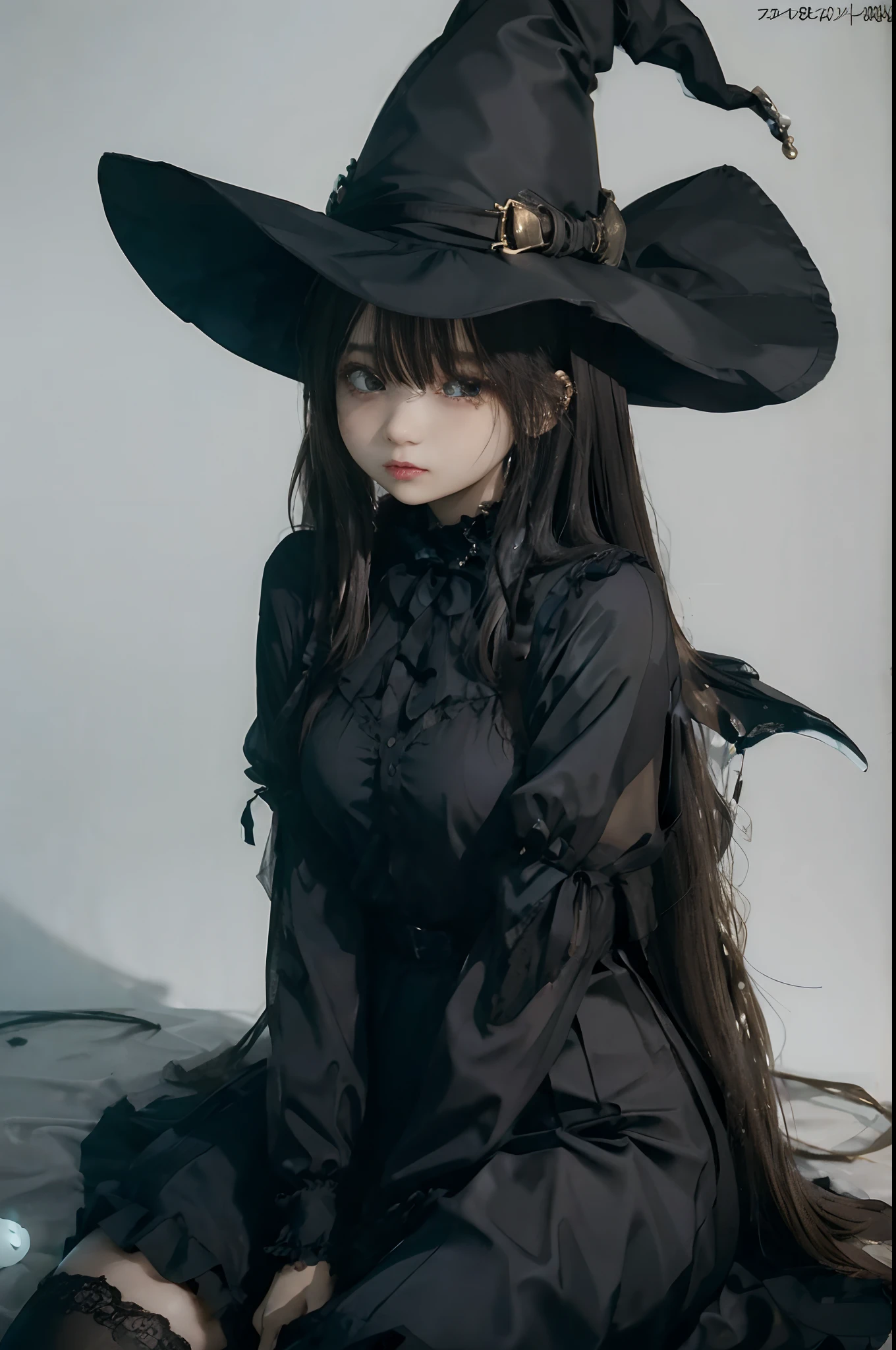 Curvaceous,1 very young girl,1 Sitting on a Spooky Pumpkin,full-body view,Dressed as a witch,Tall witch hat,Thigh_highes,Mini_Skirt,Large_lower back,Spooky,ghosts, Halloween,Blushing,Ahegao_Face,A dark-haired,verd s eyes,Heart-shaped_Pupils,long_hair,Small waist,detaileds,