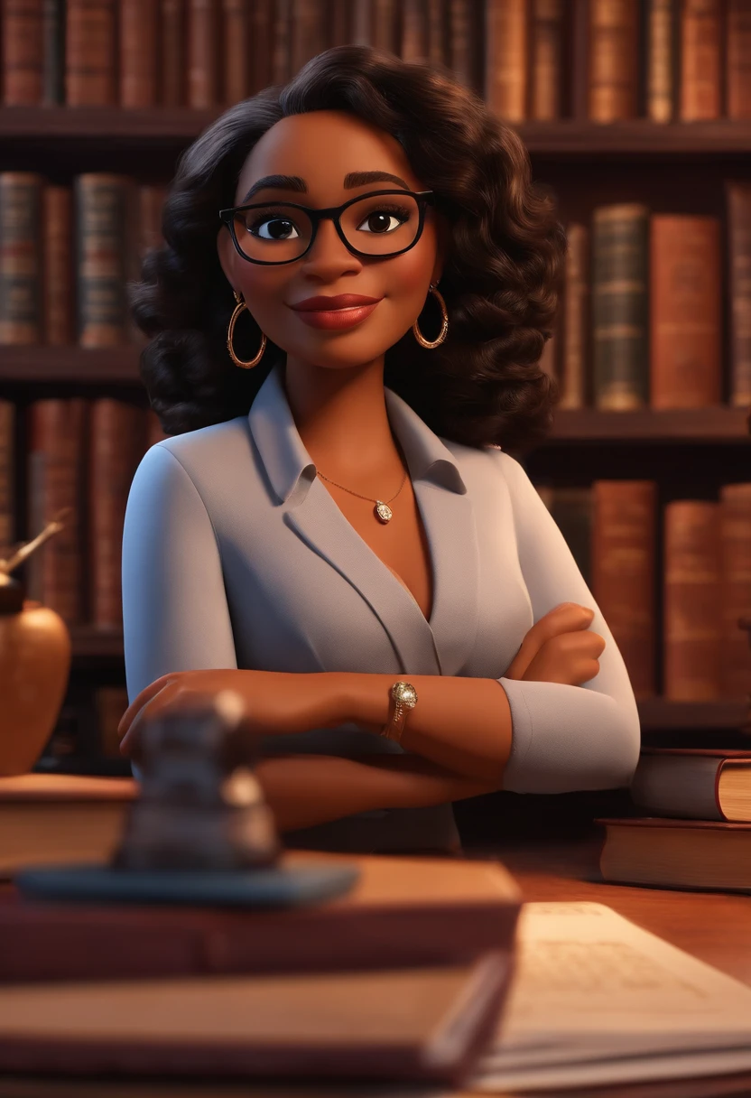 Pixar style image with 3D character, a light black woman with glasses and a dress outfit, she is a lawyer and is well dressed in the background, a law office with bookshelf and books with depth, bem bonito faca os ajustes que julgar necessario para melhor estetica ela tem cabelo cacheado medio volume cachos soltos castanhos mulher empoderada, Anos Imane, andrea rocha, inspired by Antonín Chittussi, Ameera africana Al Taweel, Magalie Villeneuve, imagem profissional, simone graci, imagem profissional, imagem de perfil, imagem de alta qualidade, Alanis Guillen, inspirado em Araceli Gilbert Maquiagem Disney,Pescador, bonitinho, sorridente ,Close-up, Pixar, Disney, Cinema lighting,