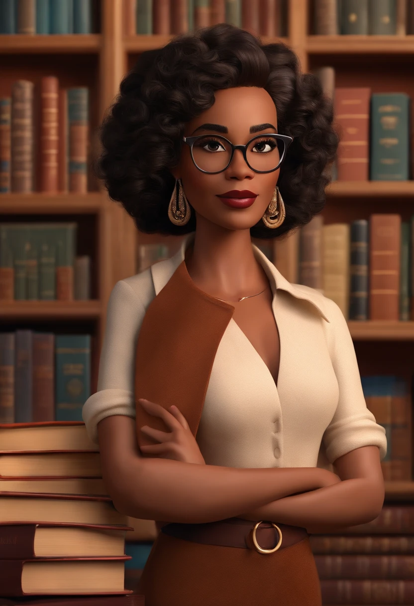 Pixar style image with 3D character, a light black woman with glasses and a dress outfit, she is a lawyer and is well dressed in the background, a law office with bookshelf and books with depth, bem bonito faca os ajustes que julgar necessario para melhor estetica ela tem cabelo cacheado medio volume cachos soltos castanhos mulher empoderada, Anos Imane, andrea rocha, inspired by Antonín Chittussi, Ameera africana Al Taweel, Magalie Villeneuve, imagem profissional, simone graci, imagem profissional, imagem de perfil, imagem de alta qualidade, Alanis Guillen, inspirado em Araceli Gilbert Maquiagem Disney,Pescador, bonitinho, sorridente ,Close-up, Pixar, Disney, Cinema lighting,