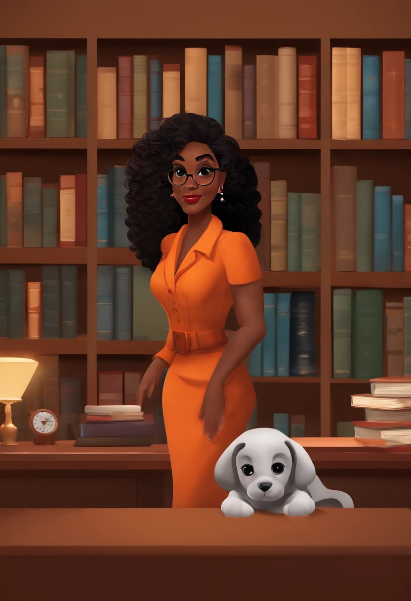 Pixar style image with 3D character, a light black woman with glasses and a dress outfit, she is a lawyer and is well dressed in the background, a law office with bookshelf and books with depth, bem bonito faca os ajustes que julgar necessario para melhor estetica ela tem cabelo cacheado medio volume cachos soltos castanhos mulher empoderada, Anos Imane, andrea rocha, inspired by Antonín Chittussi, Ameera africana Al Taweel, Magalie Villeneuve, imagem profissional, simone graci, imagem profissional, imagem de perfil, imagem de alta qualidade, Alanis Guillen, inspirado em Araceli Gilbert Maquiagem Disney,Pescador, bonitinho, sorridente ,Close-up, Pixar, Disney, Cinema lighting,
