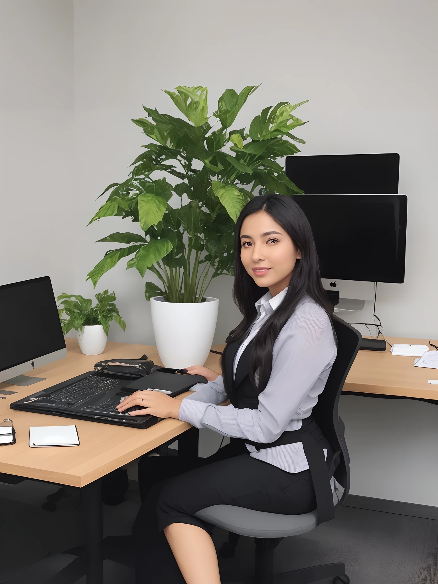 mulher arquiteta, Working in a modern office with a suit, plant-filled space with Apple computer