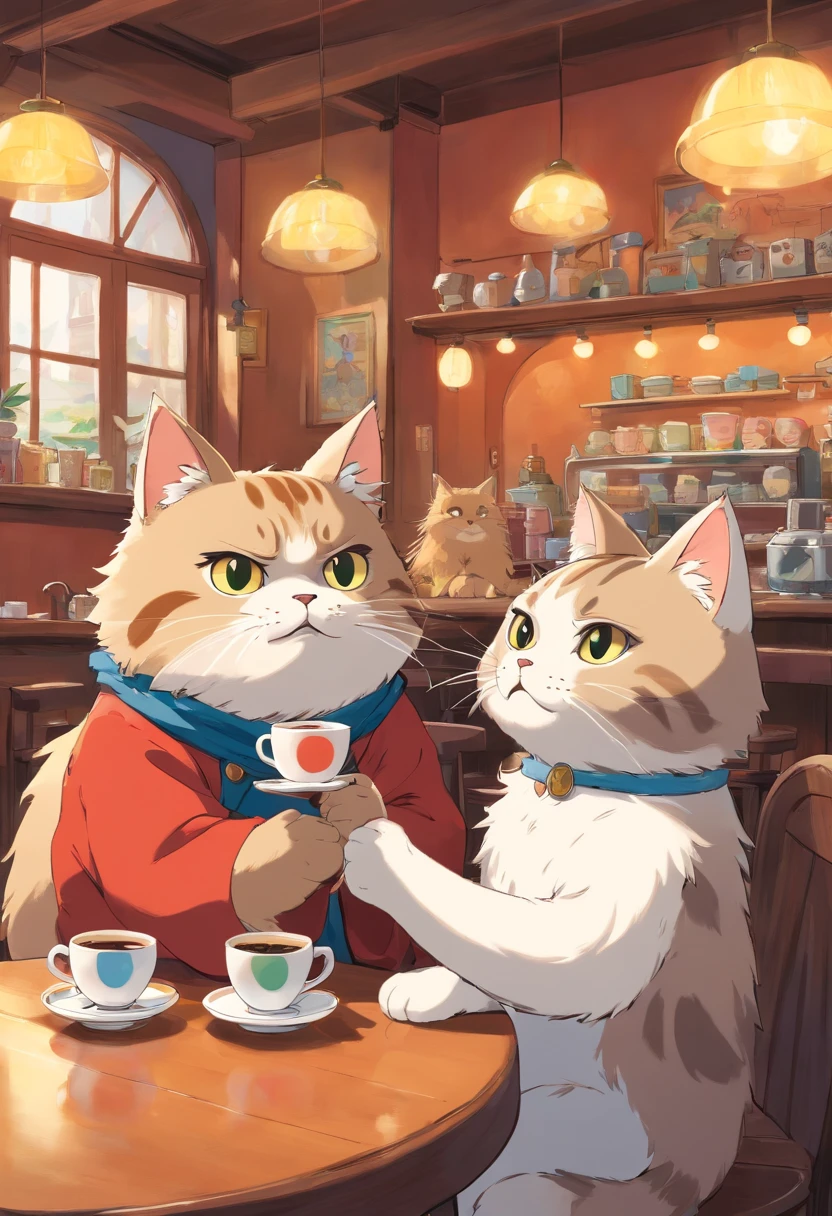 1 fluffy,angry,Drinking coffee at a cat café,