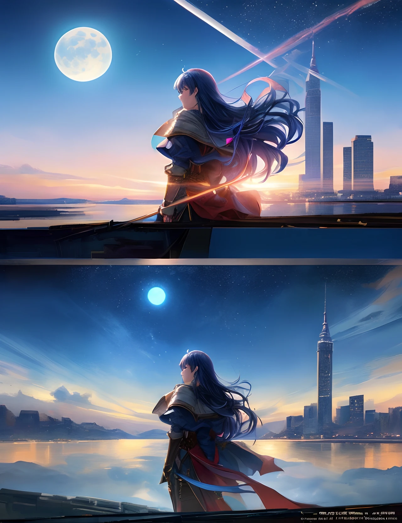 the met、Painting of a river with stars and moon in the sky、the met、Shining skyscrapers、Shine across the board、Skyscrapers、Concept art inspired by Mitsuoki Tosa、pixiv contest winners、top-quality、Fantasyart、beautiful anime scene、Bright moon、Moonlit star environment、Dream painting、Anime Background Art、Fantasy landscape art、fantasy knight、anime backgrounds、background artwork、Fantastic art、atmospheric anime、starrysky、Detail has been enhanced。